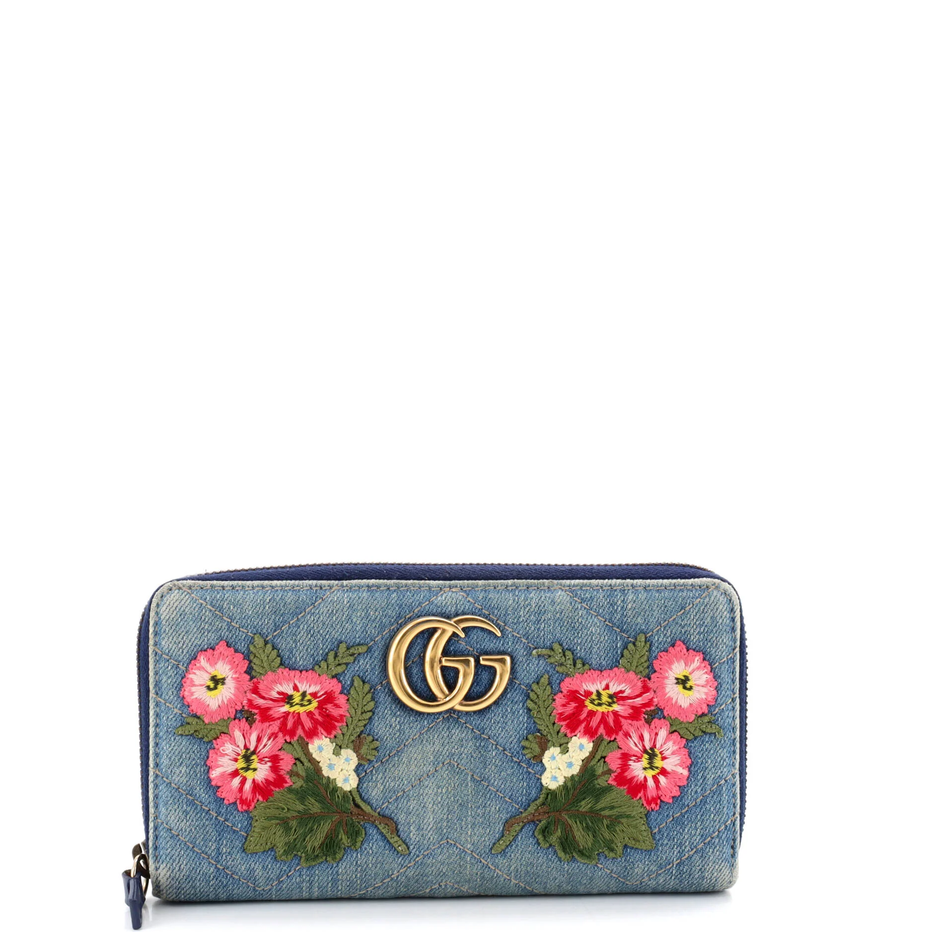 GG Marmont Zip Around Wallet Embroidered Matelasse Denim