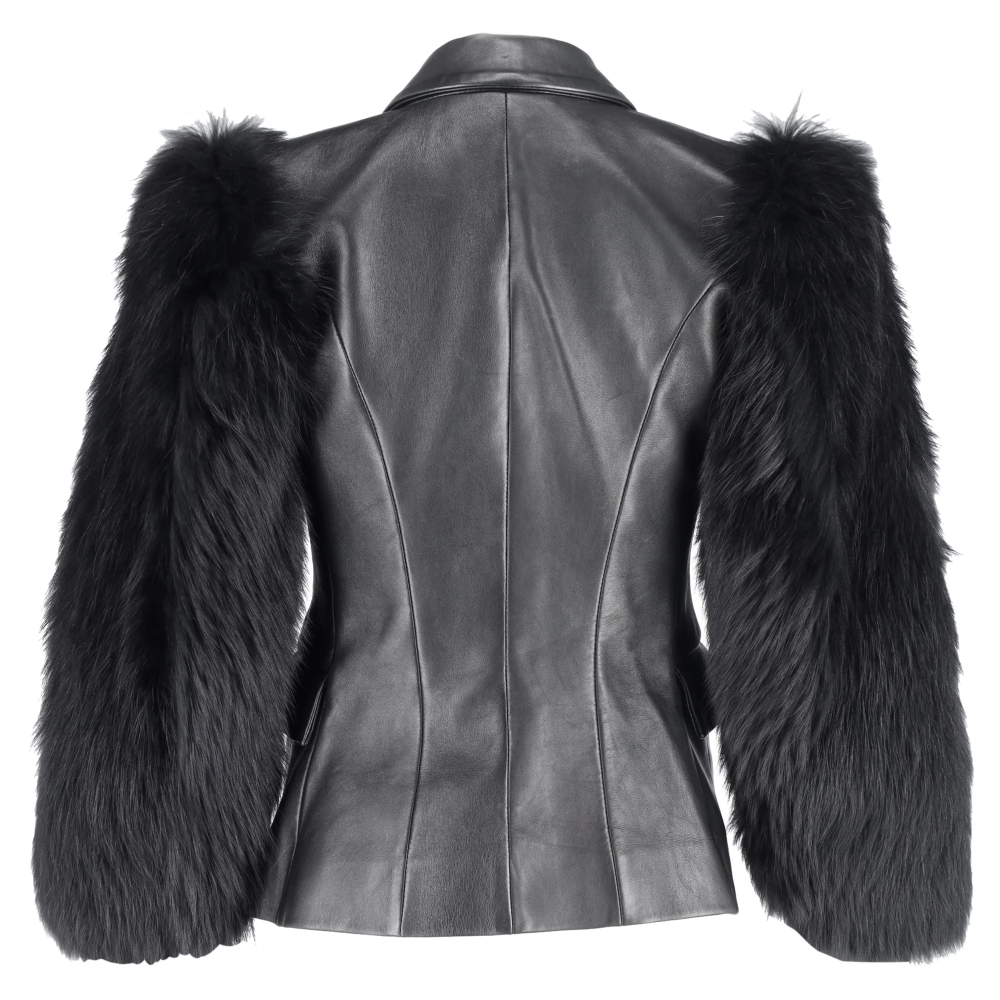 Women's Balmain Single Breasted Fur Sleeve Blazer in Black Leather - Image 2