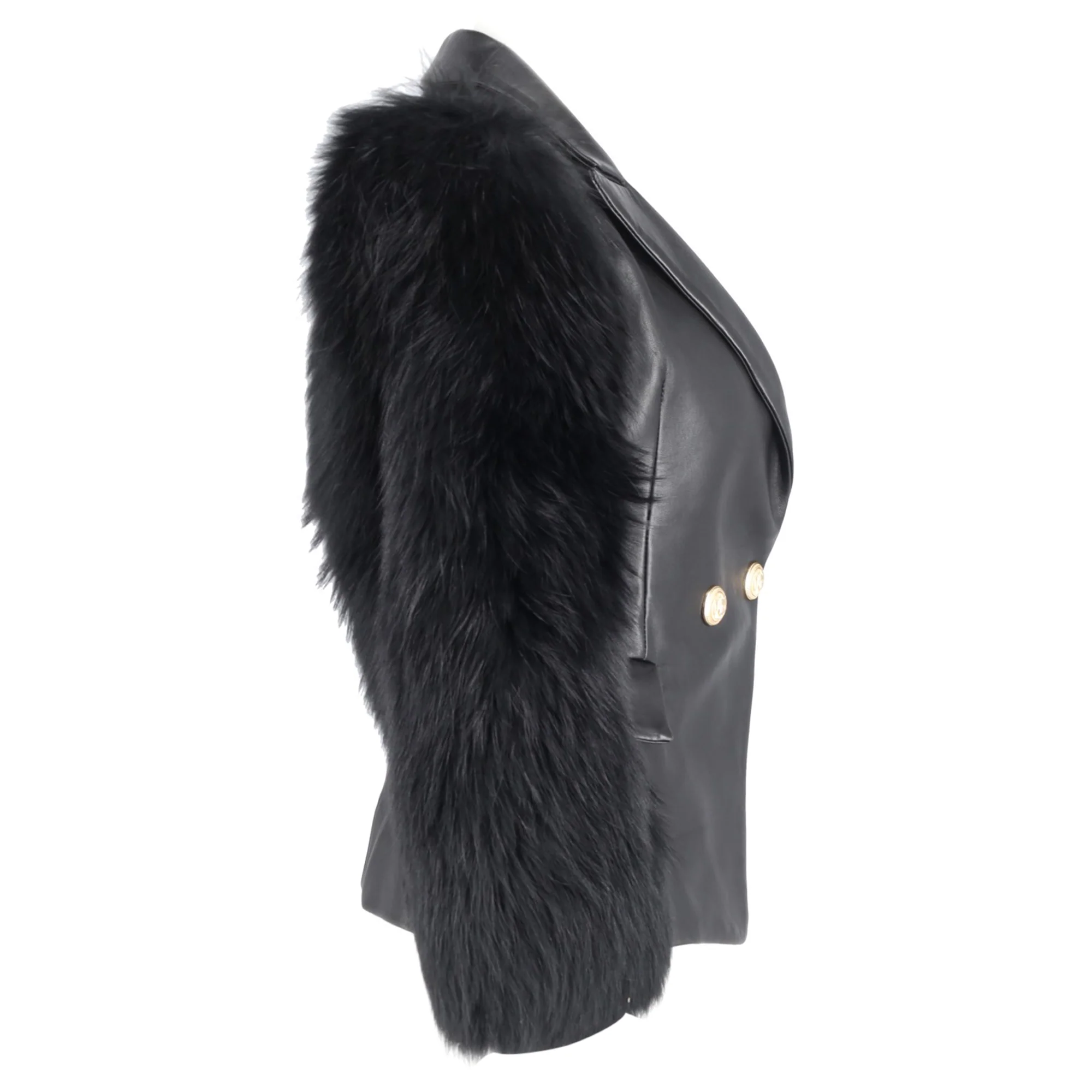 Women's Balmain Single Breasted Fur Sleeve Blazer in Black Leather - Image 3
