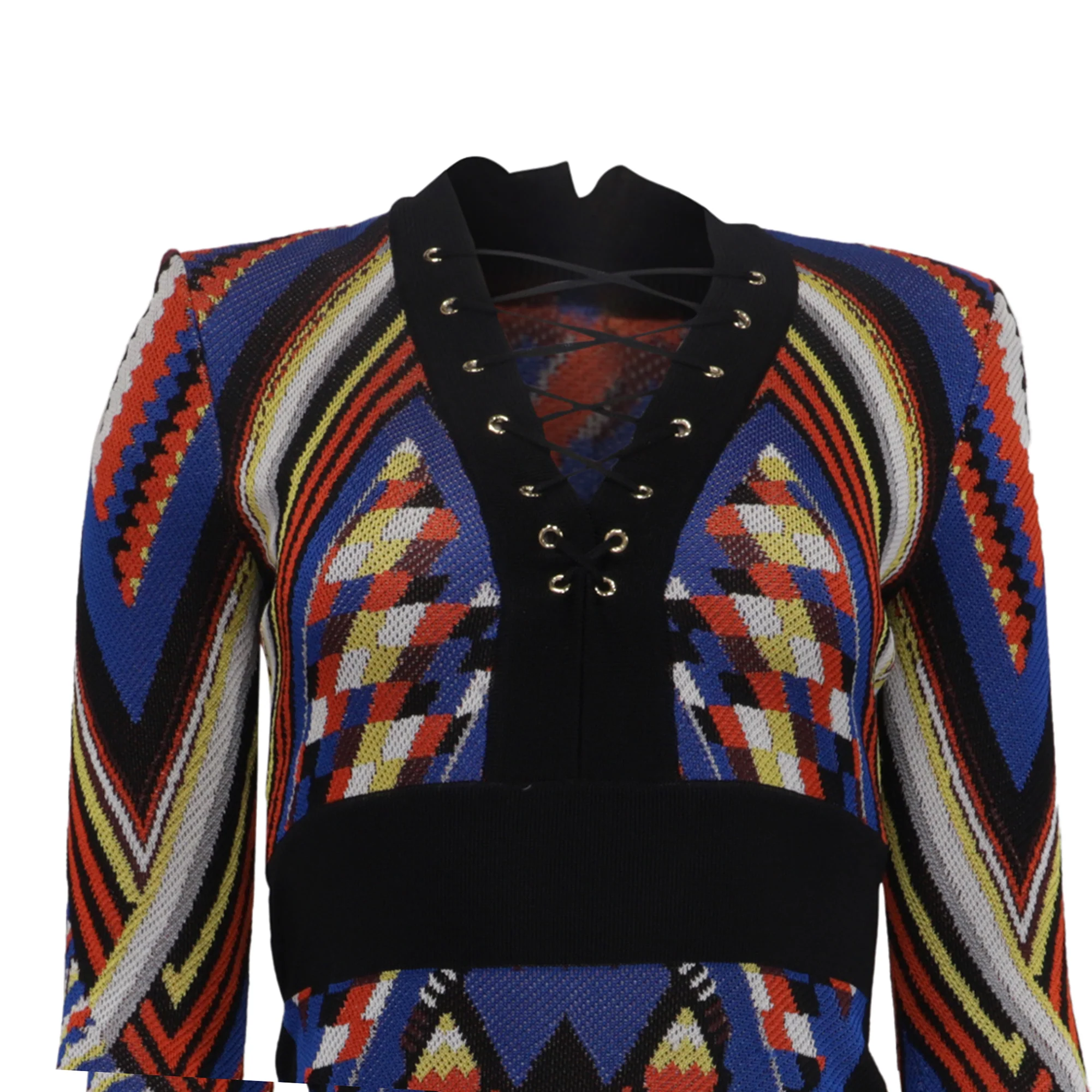 Women's Balmain Tribal-Patterned Lace Up Mini Dress in Multicolor Viscose - Image 2