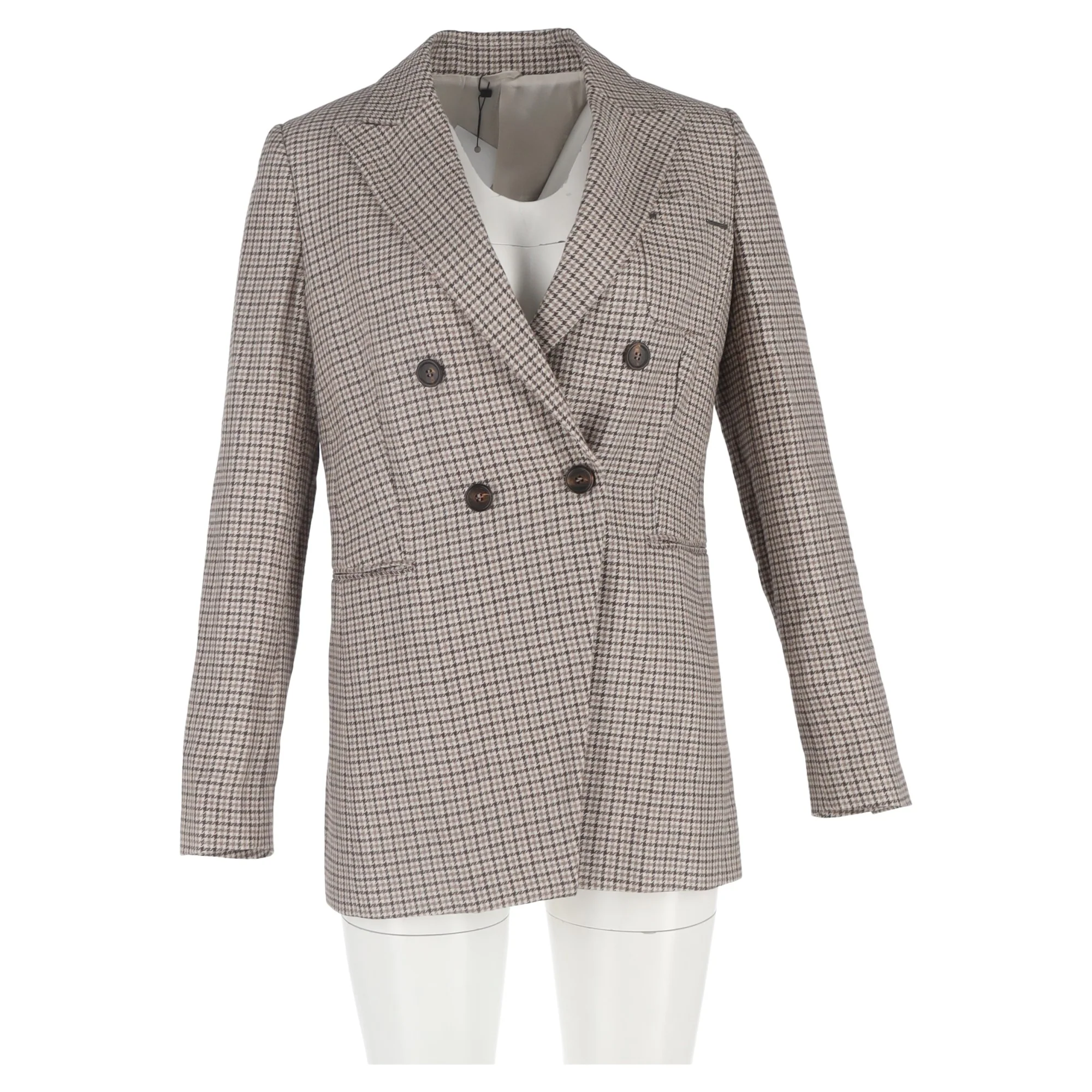 Women's Brunello Cucinelli Houndstooth Double-Breasted Blazer in Beige Wool - Image 4
