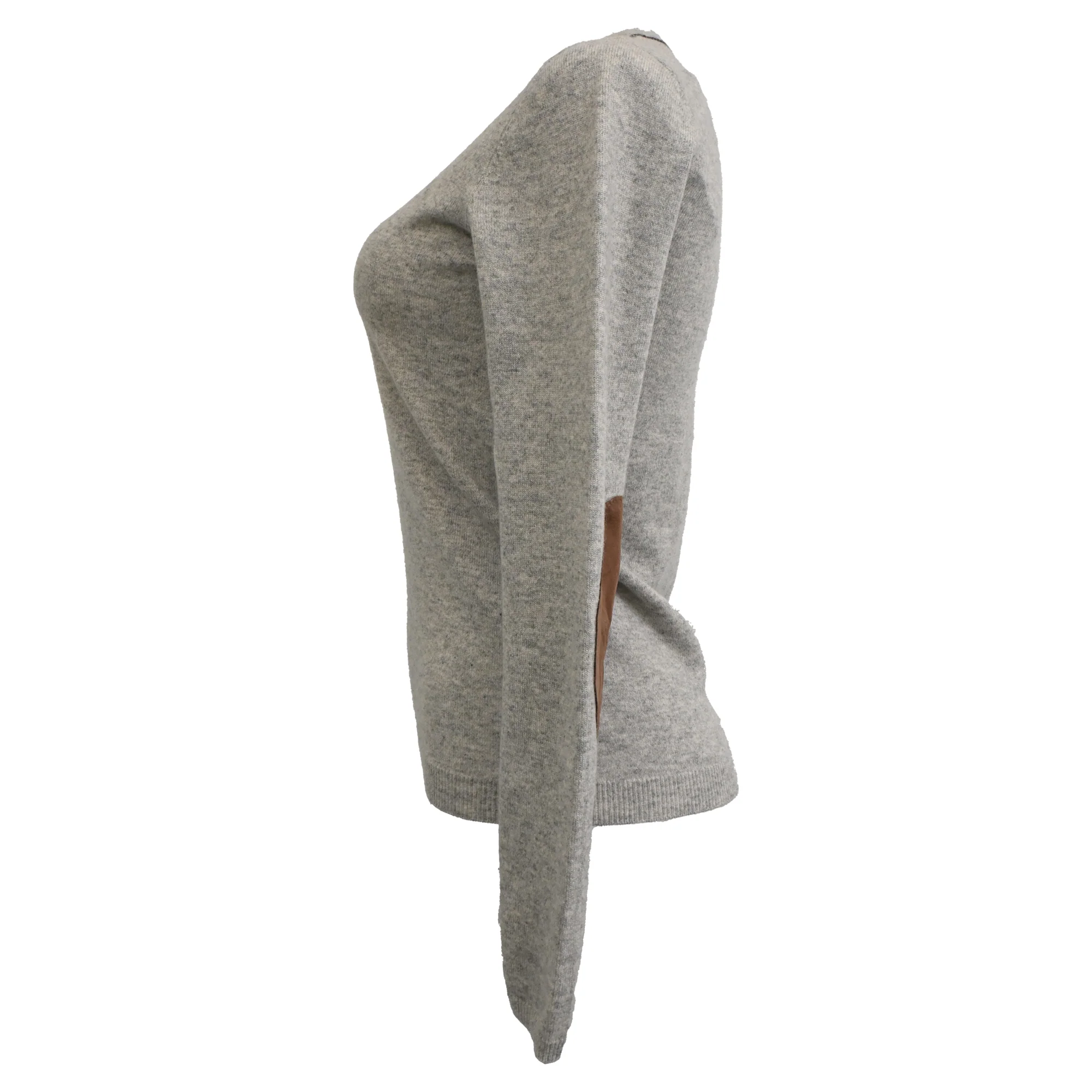 Women's Brunello Cucinelli V-Neck Elbow-Patch Sweater in Grey Cashmere - Image 2