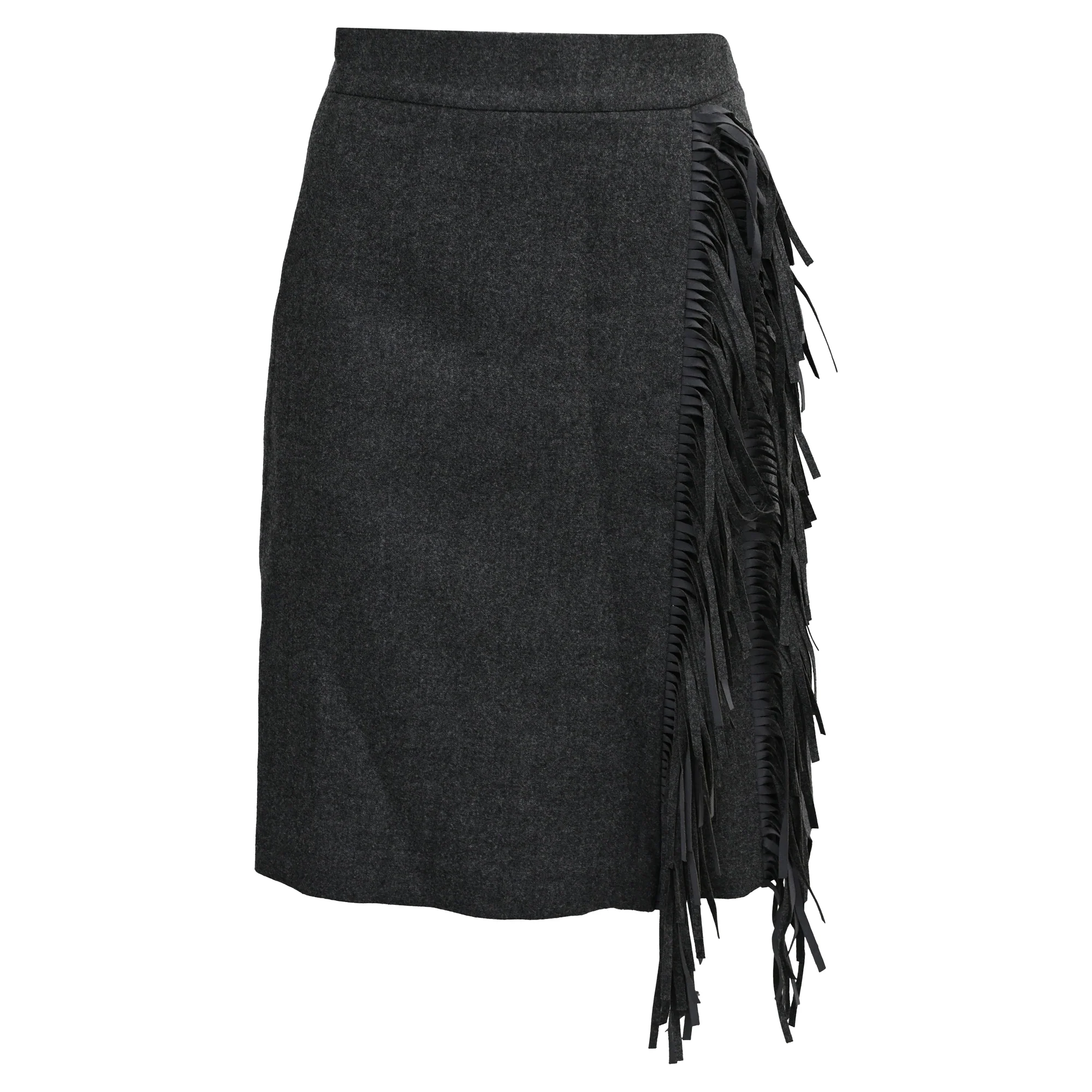 Women's Brunello Cucinelli Wrap-Effect Fringed Skirt in Grey Wool