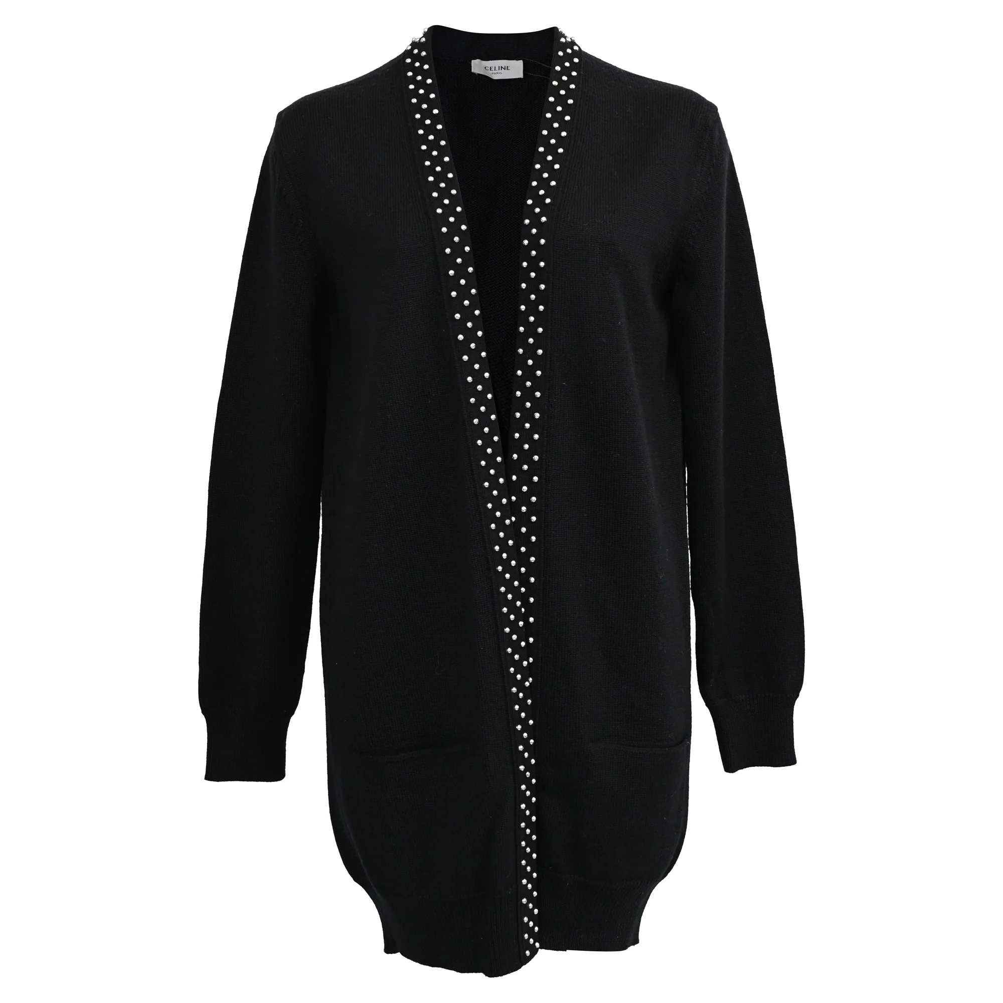 Women's Celine Studded Open Front Cardigan in Black Wool