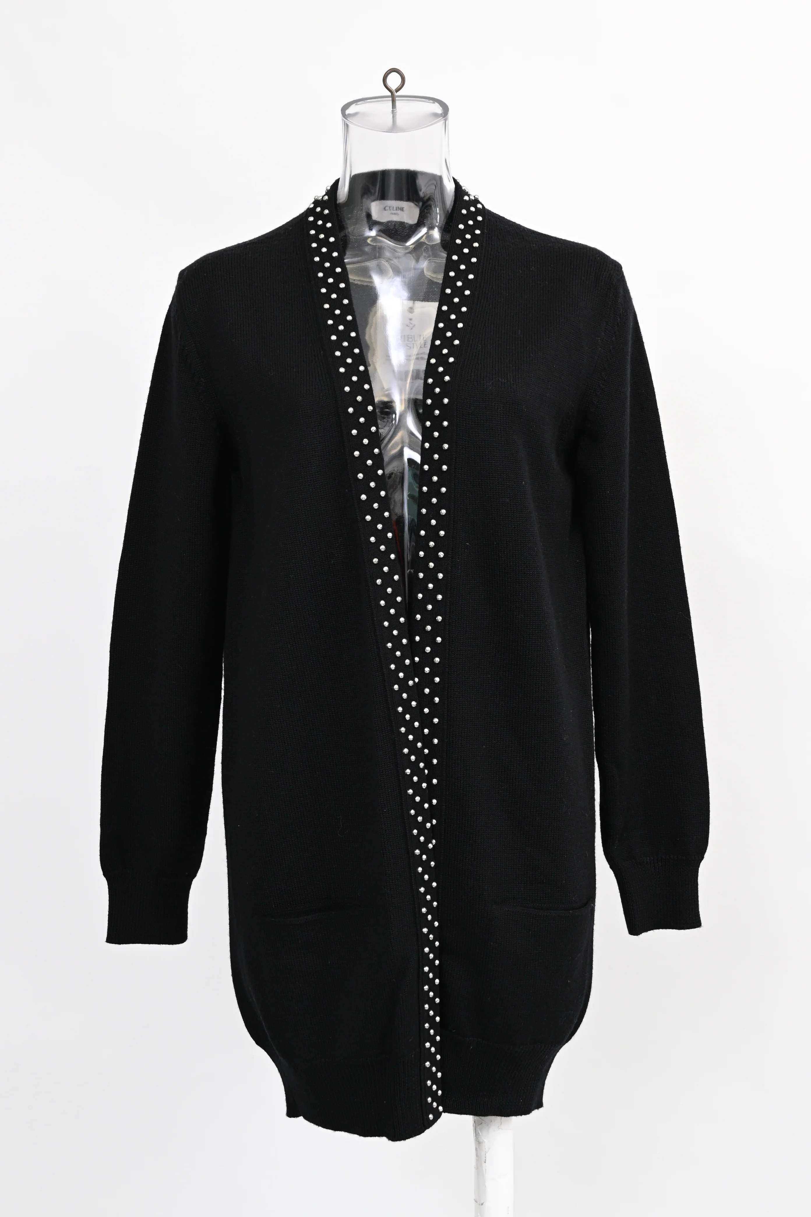 Women's Celine Studded Open Front Cardigan in Black Wool - Image 6