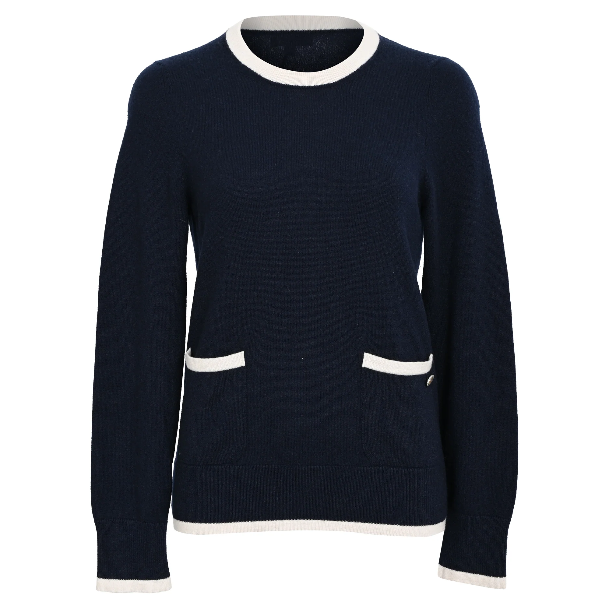 Women's Chanel CC Knitted Button-Embellished Sweater in Navy Blue Cashmere