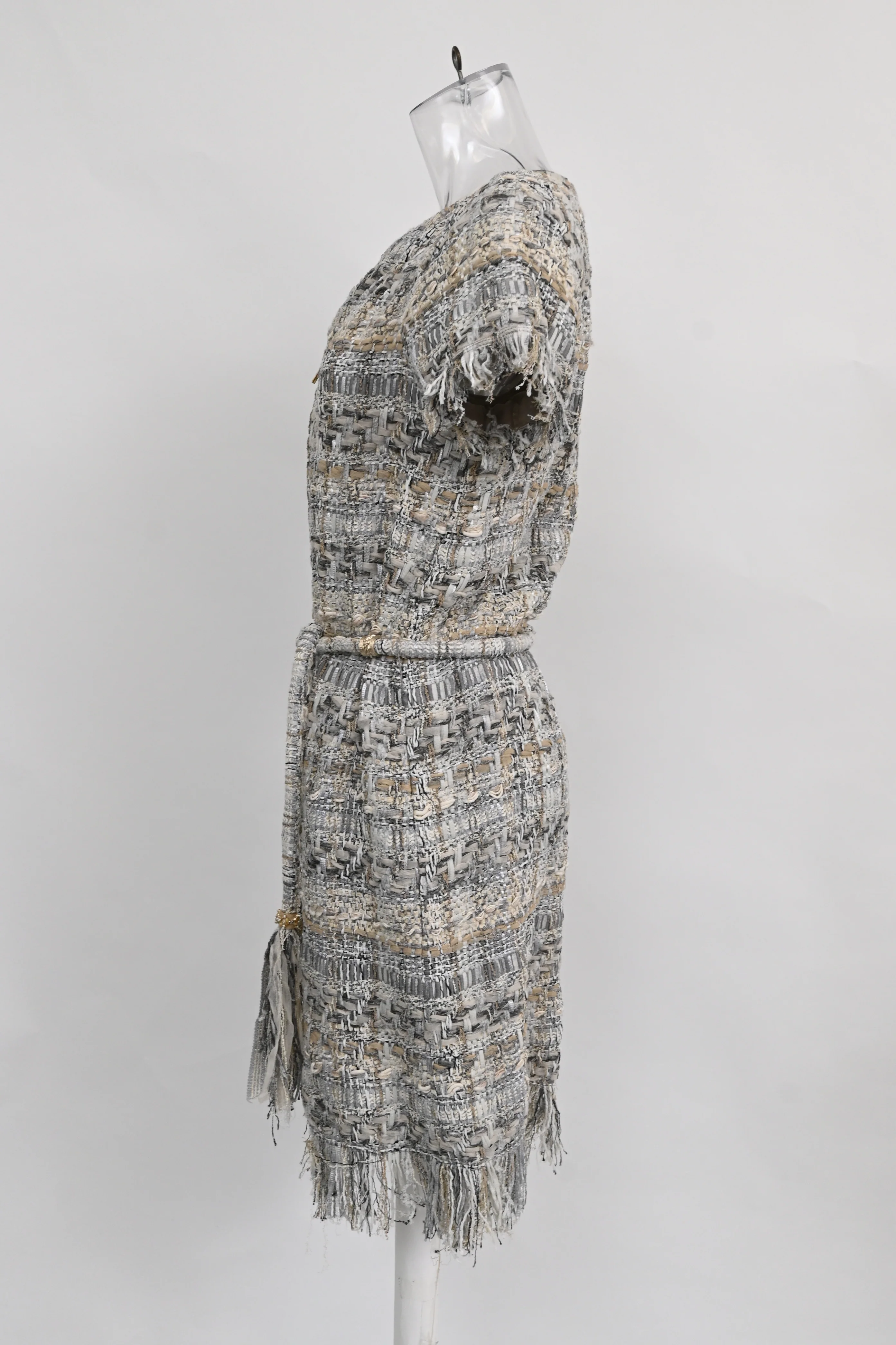 Women's Chanel Pale Tweed Waist Tie Detail Zip Front Dress in Grey Nylon - Image 7