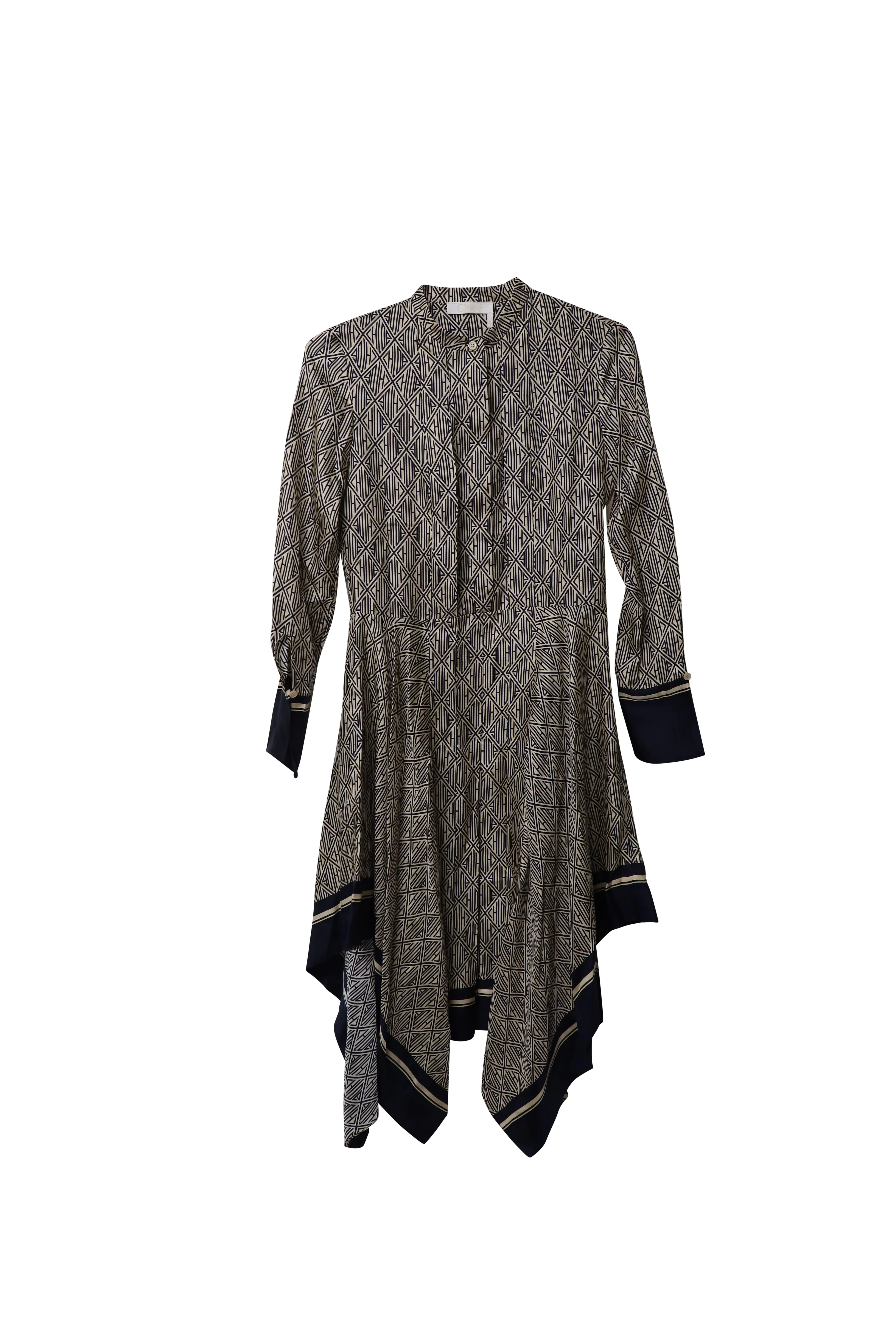 Women's Chloe Logo Pattern Print Dress in Beige Silk - Image 5