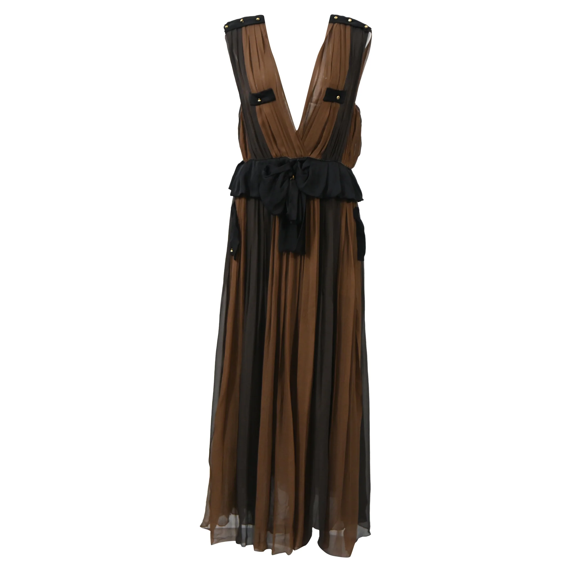 Women's  Chloé Pleated Deep Neck Maxi Dress in Brown and Black Silk Chiffon