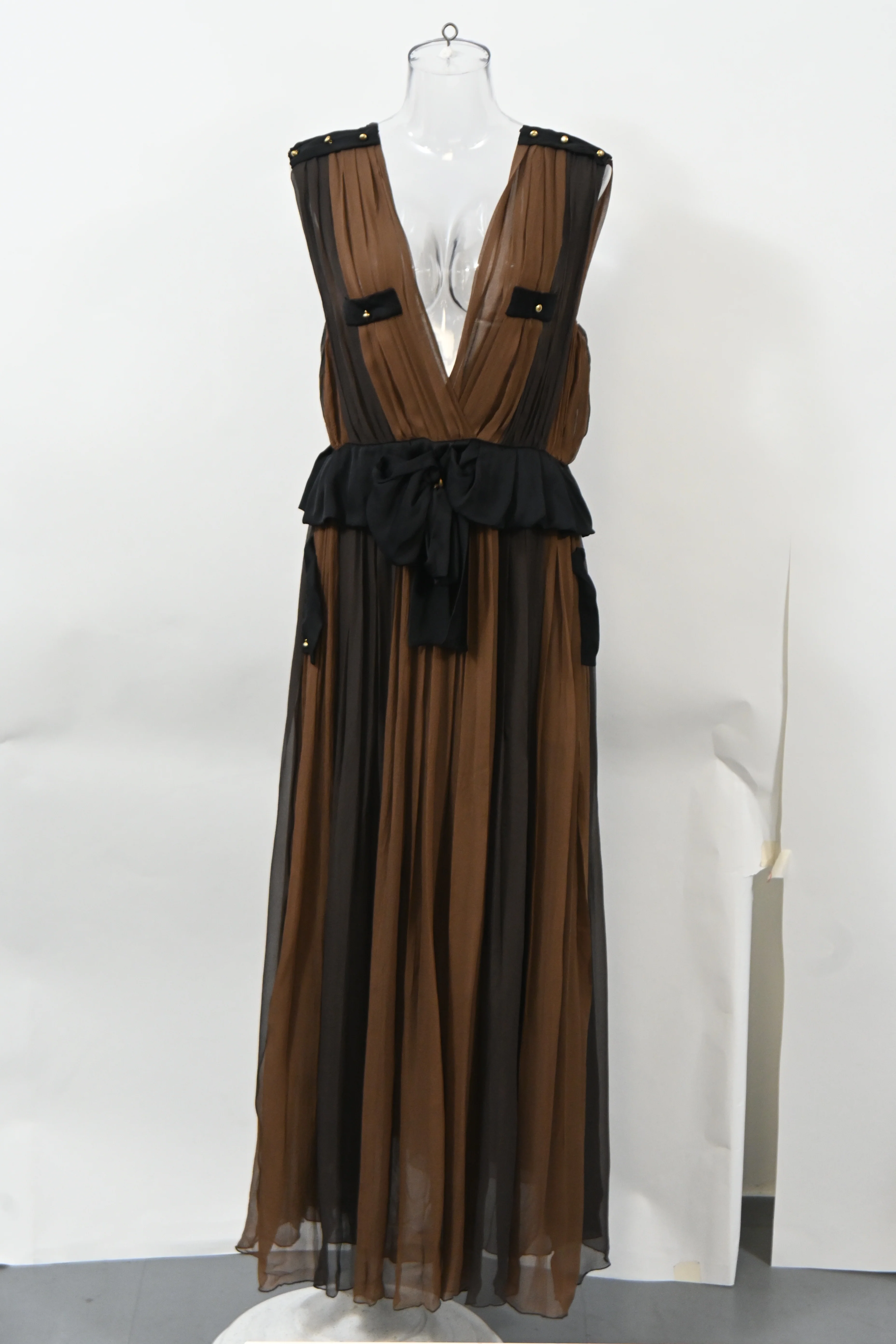 Women's  Chloé Pleated Deep Neck Maxi Dress in Brown and Black Silk Chiffon - Image 6