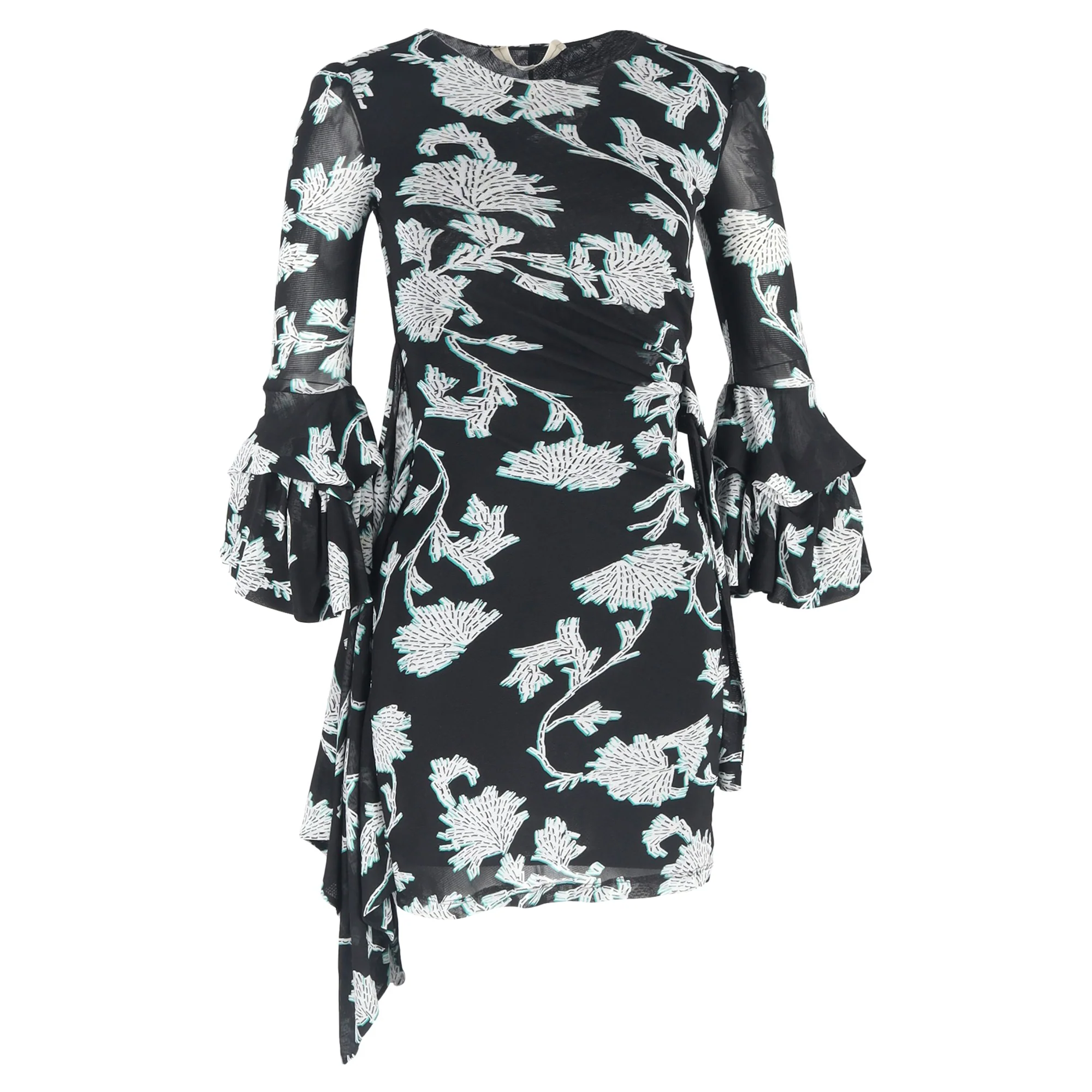 Women's Diane Von Furstenberg Printed Wrap Mini Dress in Black Nylon