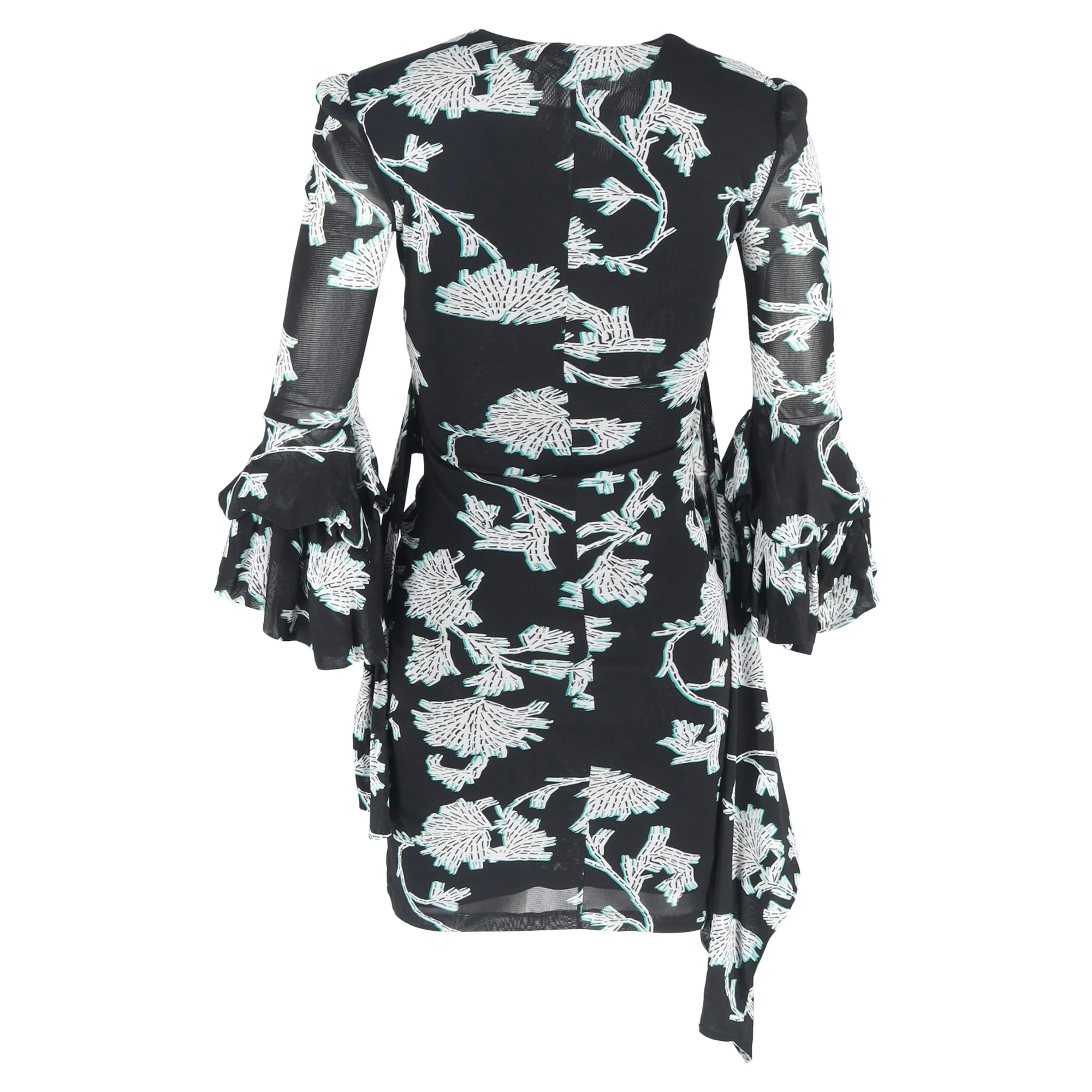 Women's Diane Von Furstenberg Printed Wrap Mini Dress in Black Nylon - Image 3