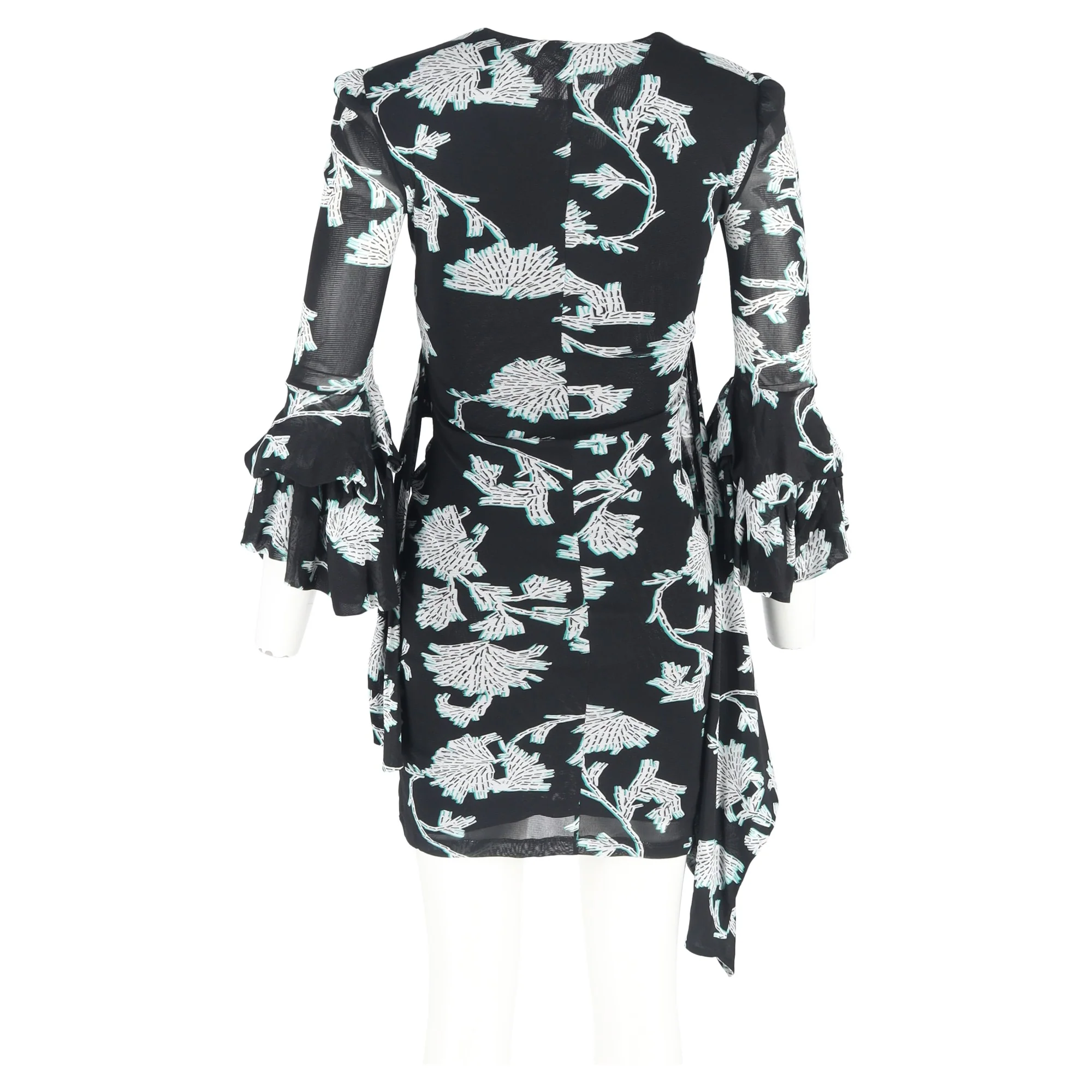 Women's Diane Von Furstenberg Printed Wrap Mini Dress in Black Nylon - Image 6