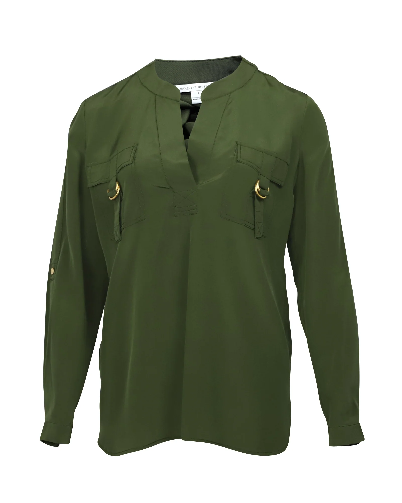 Women's Diane Von Furstenberg Two Pocket Tunic Blouse in Green Silk