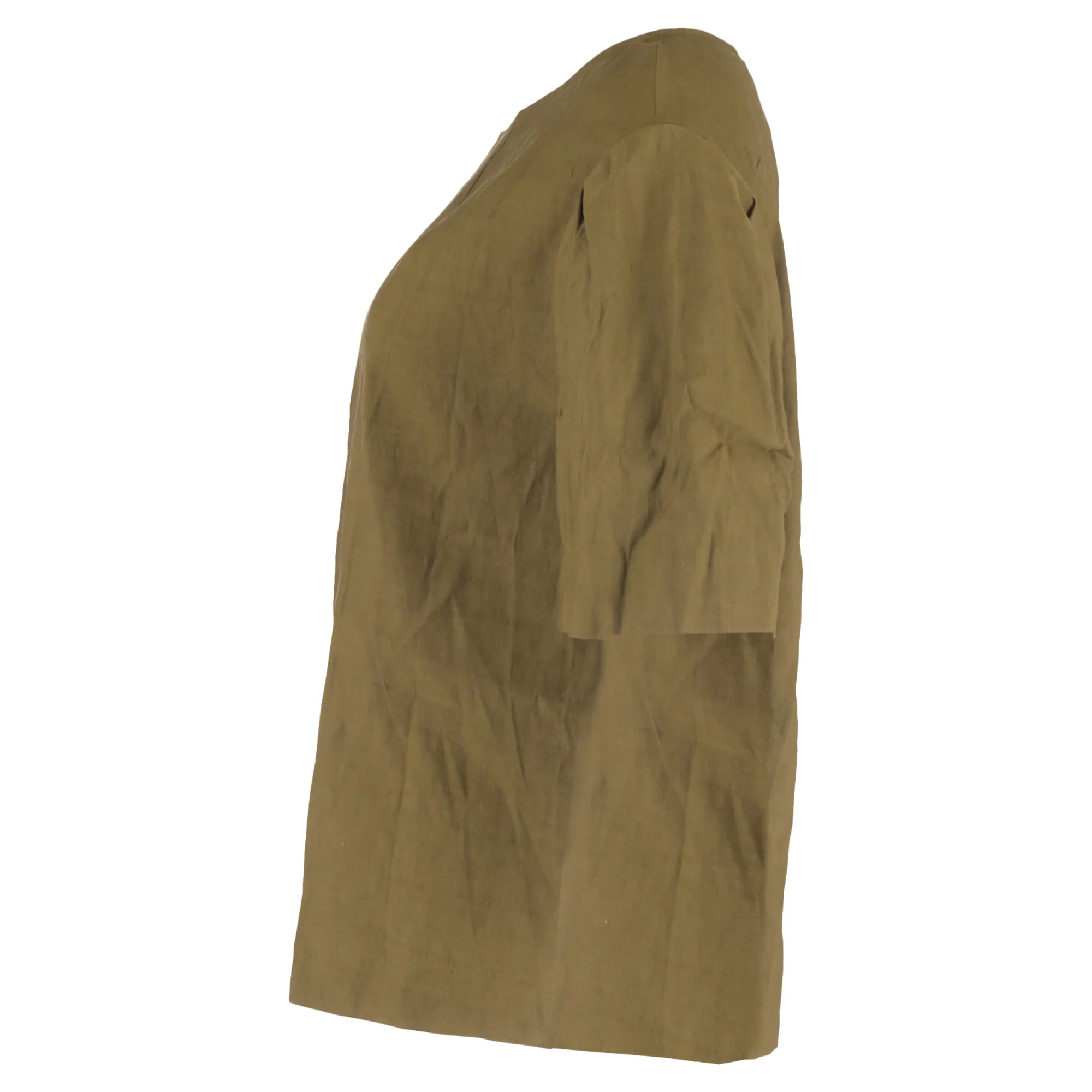 Women's Dries Van Noten Drop Shoulder Short Sleeve Blouse in Khaki Linen - Image 2