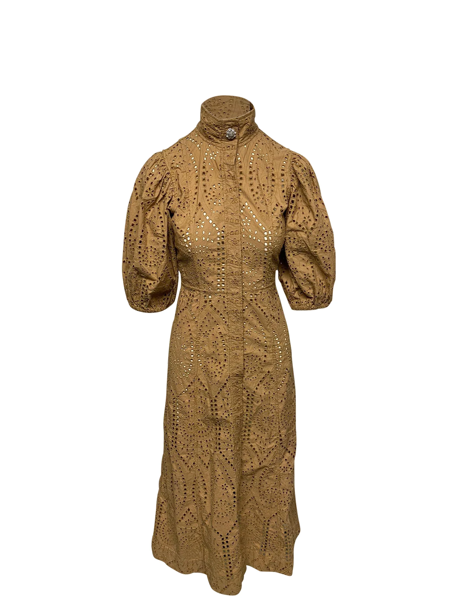 Women's Ganni Broderie Anglaise Dress in Brown Cotton