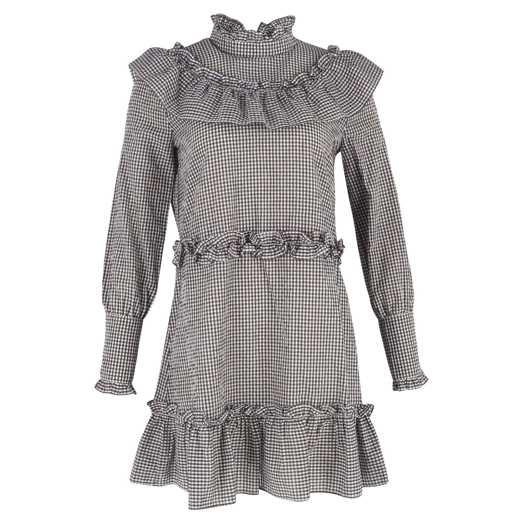 Women's Ganni Charron Ruffled Gingham-Print Mini Dress in Black and White Cotton