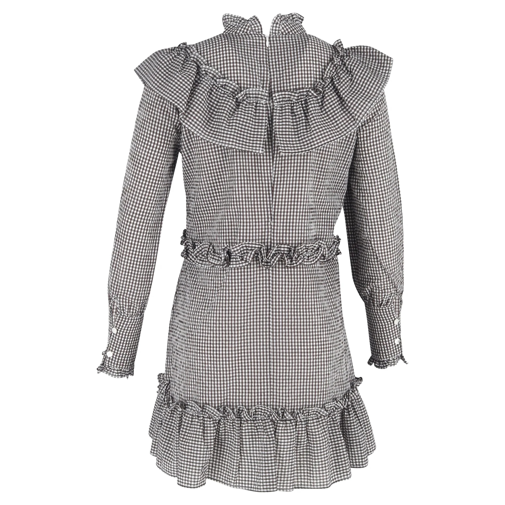 Women's Ganni Charron Ruffled Gingham-Print Mini Dress in Black and White Cotton - Image 3