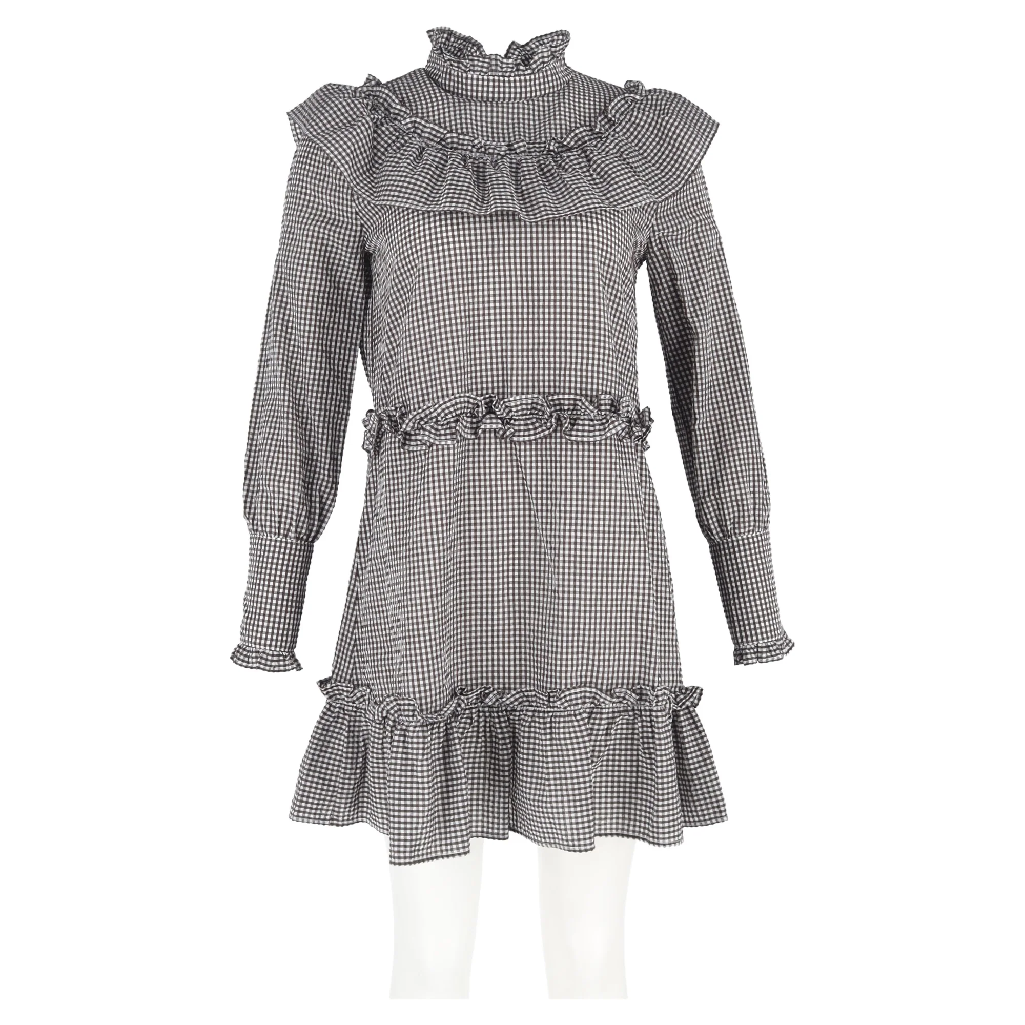 Women's Ganni Charron Ruffled Gingham-Print Mini Dress in Black and White Cotton - Image 4