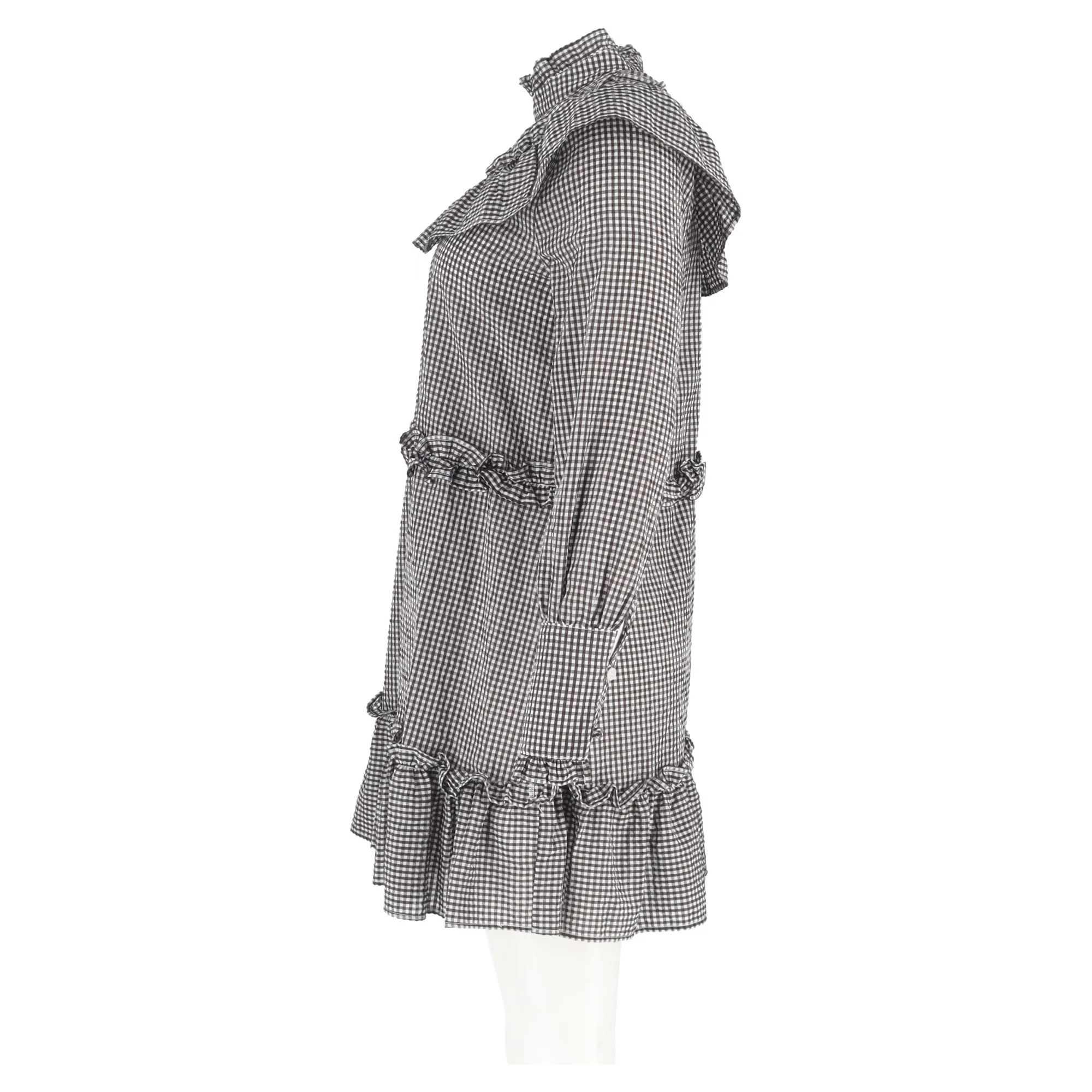 Women's Ganni Charron Ruffled Gingham-Print Mini Dress in Black and White Cotton - Image 5
