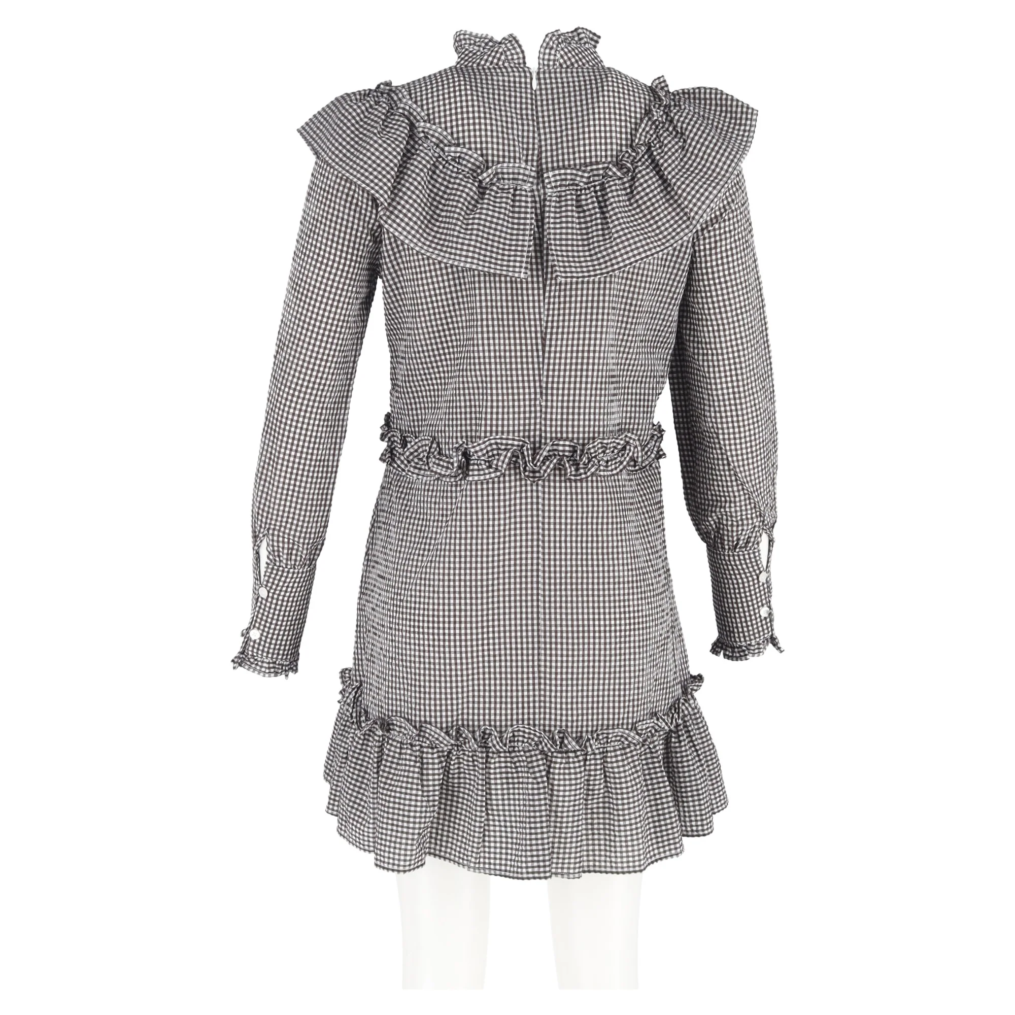 Women's Ganni Charron Ruffled Gingham-Print Mini Dress in Black and White Cotton - Image 6