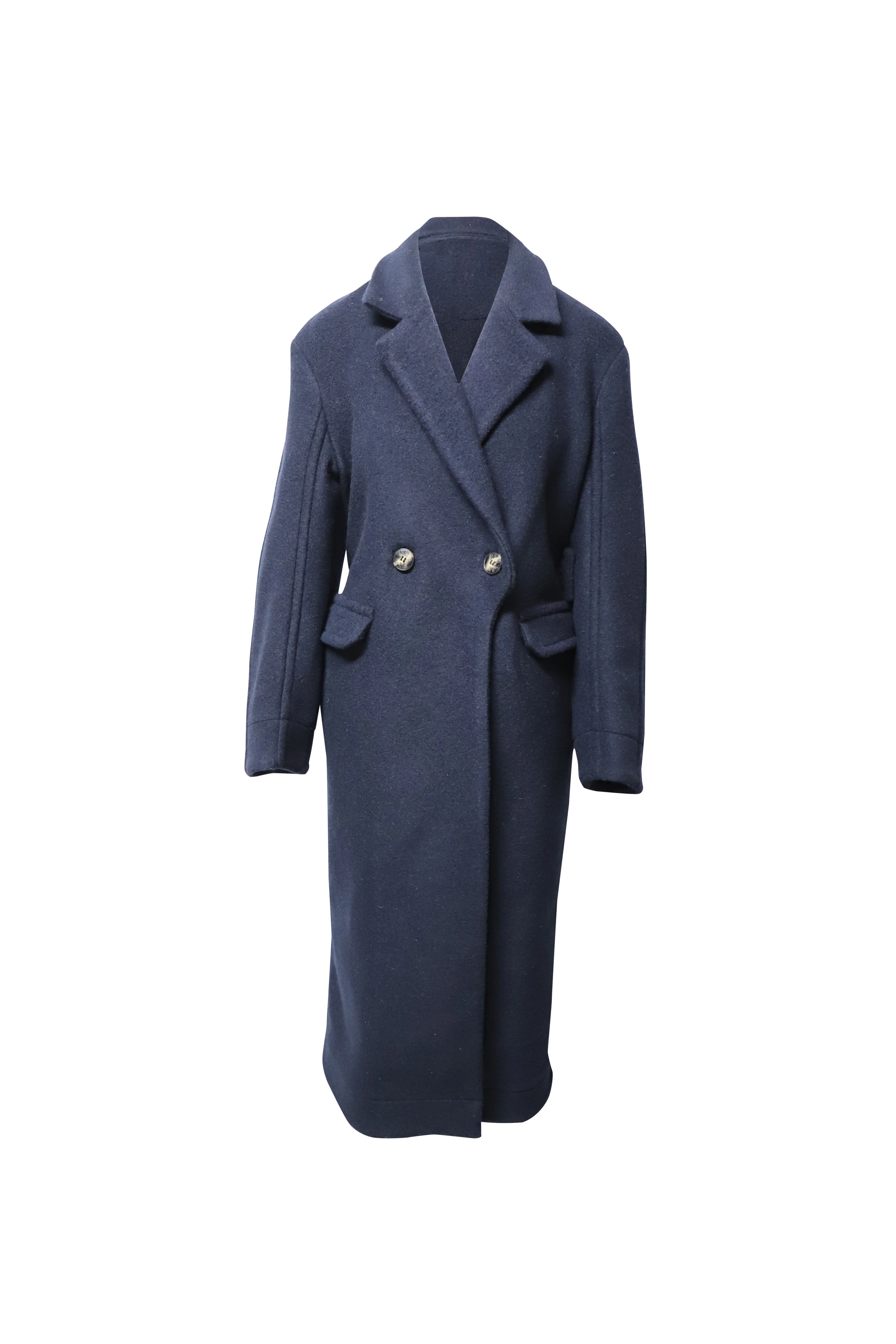 Women's Ganni Double-Breasted Coat in Navy Blue Wool