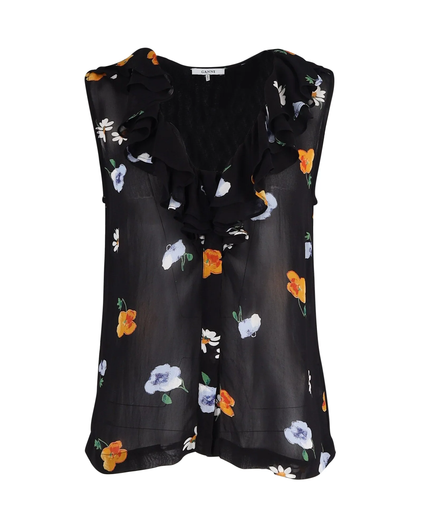 Women's Ganni Floral Sleeveless Blouse in Black Viscose - Image 4