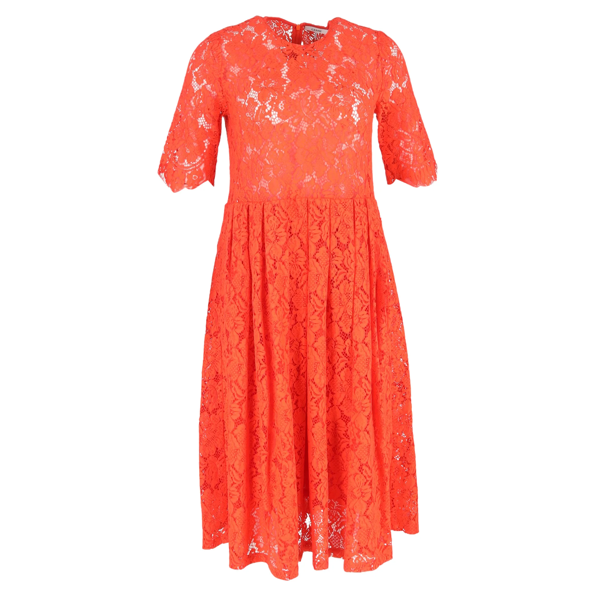 Women's Ganni Lace Detailed Midi Dress in Red Polyester