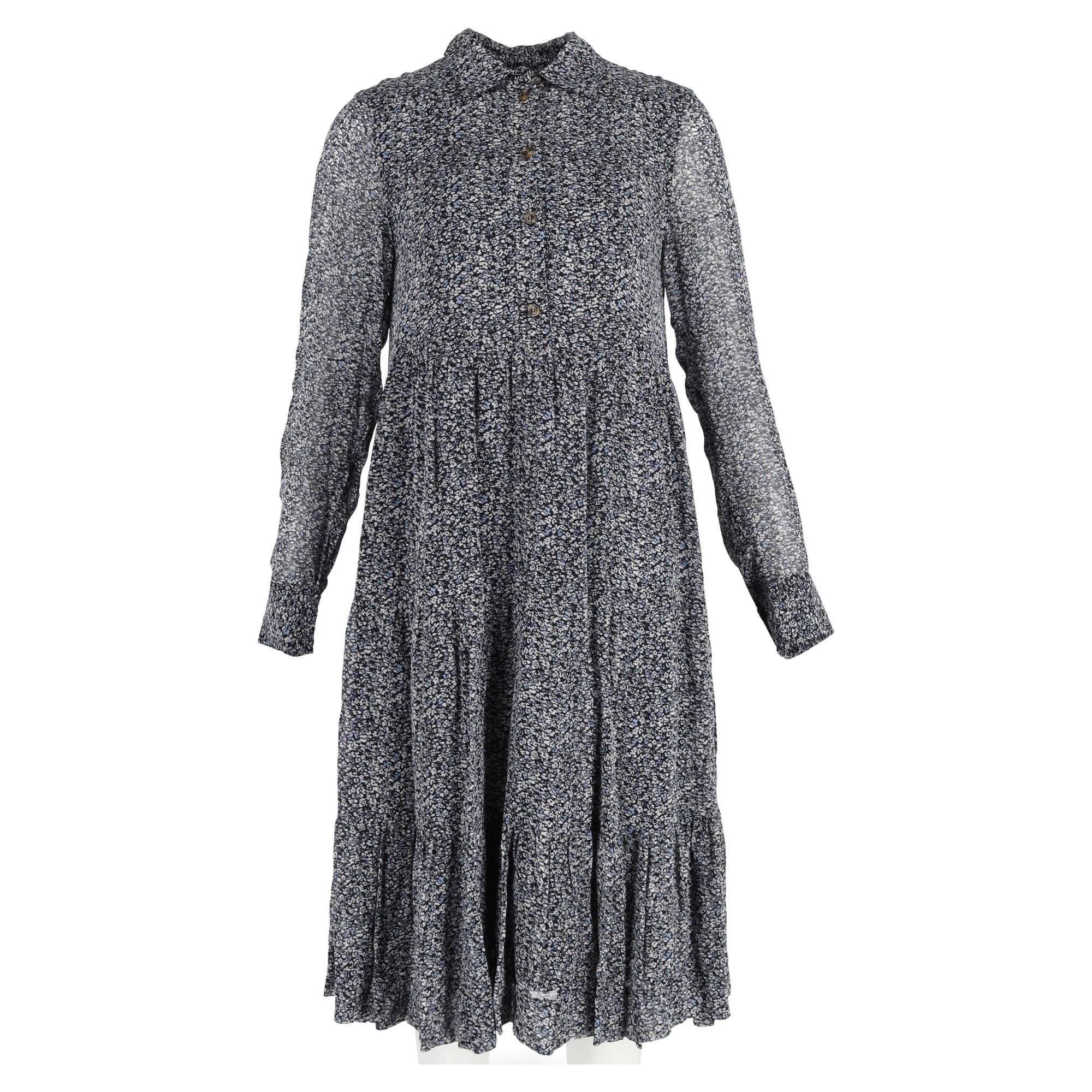 Women's Ganni Midi Floral Print Tiered Long Sleeve Dress in Multicolor Viscose - Image 4