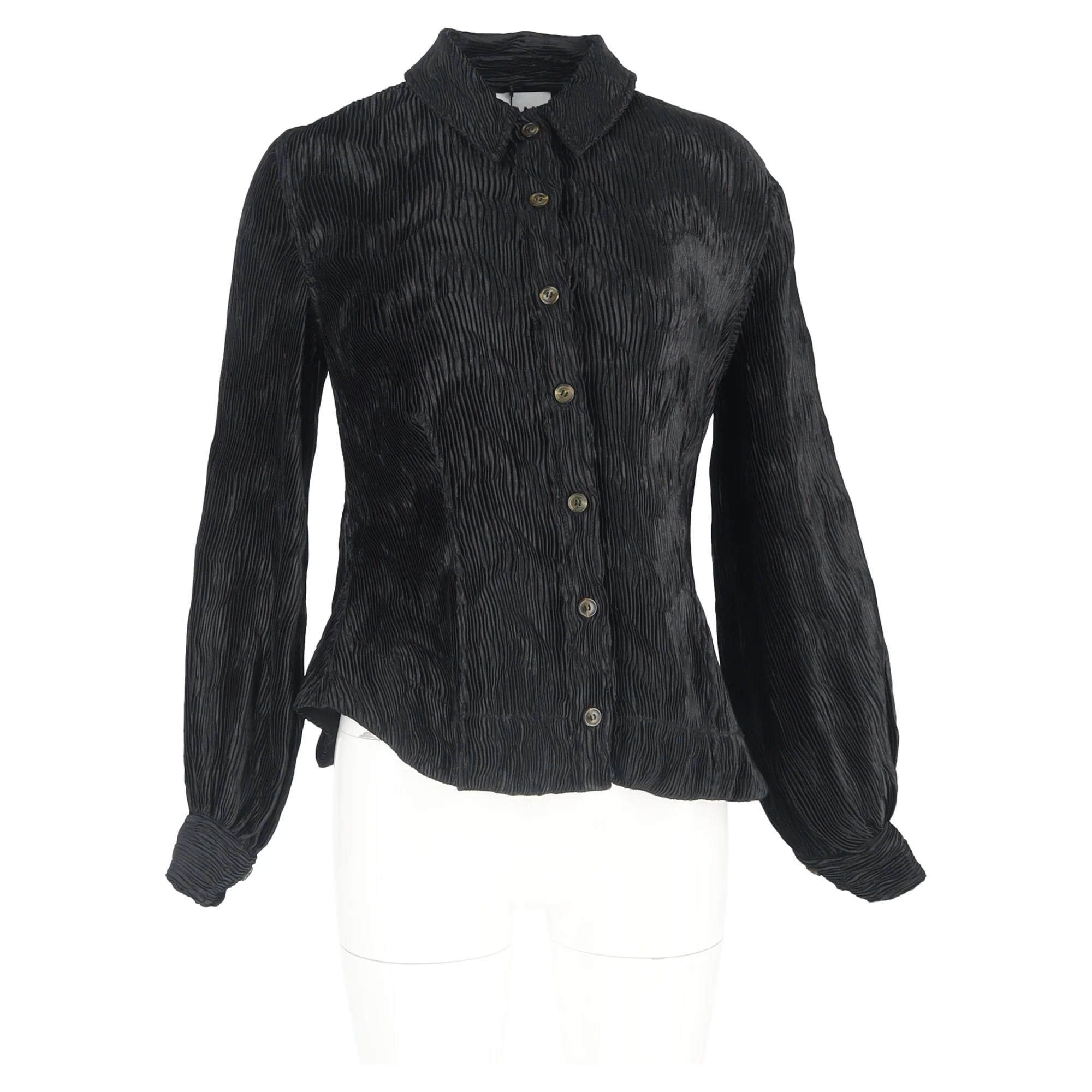 Women's Ganni Pleated Button-Down Blouse in Black Polyester - Image 4