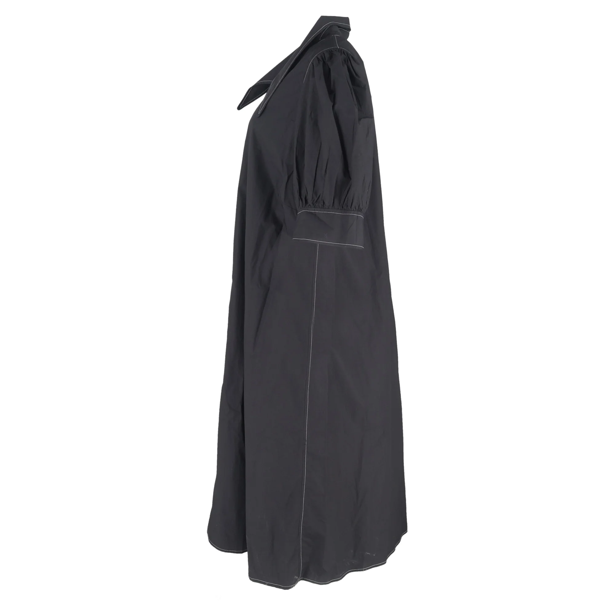 Women's Ganni V-Neck Puff-Sleeved Poplin Maxi Dress in Black Cotton - Image 2