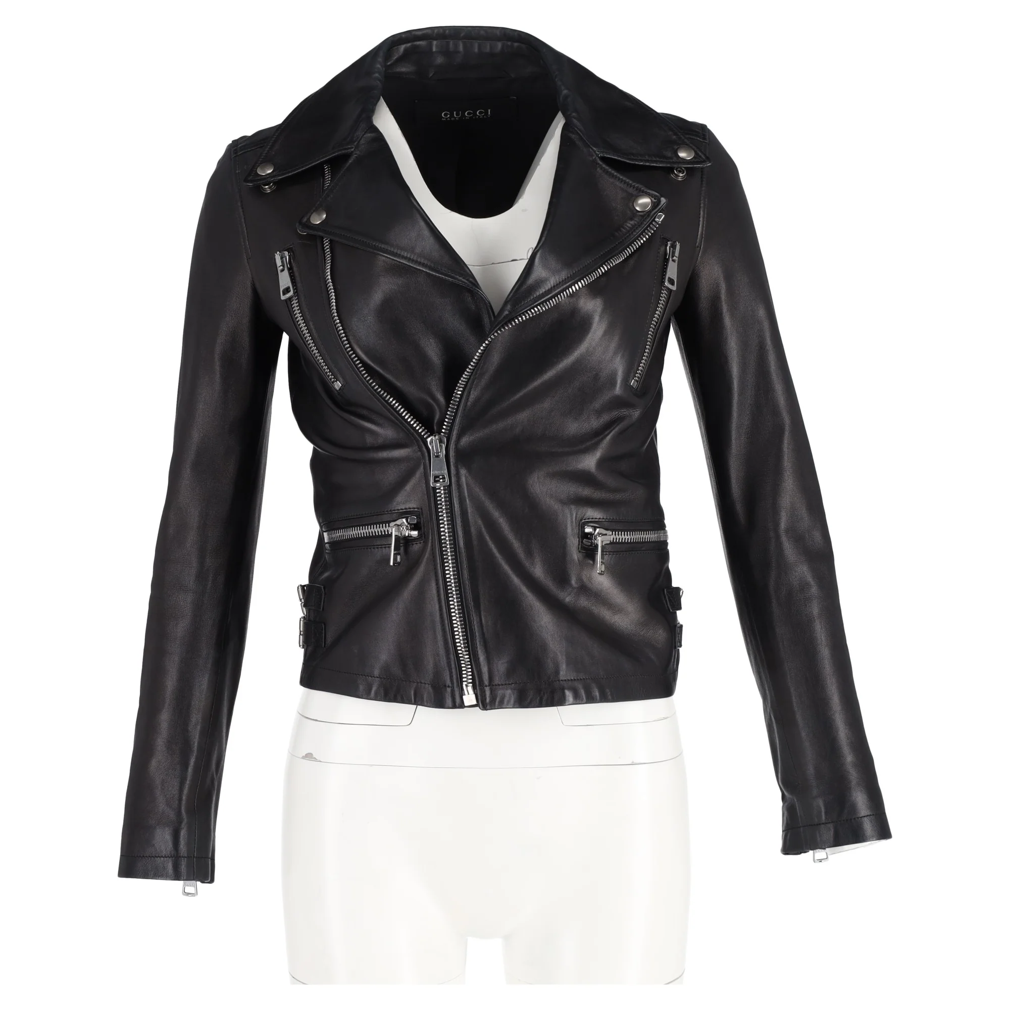 Women's Gucci Bird-Embroidered Biker Jacket in Black Leather - Image 4