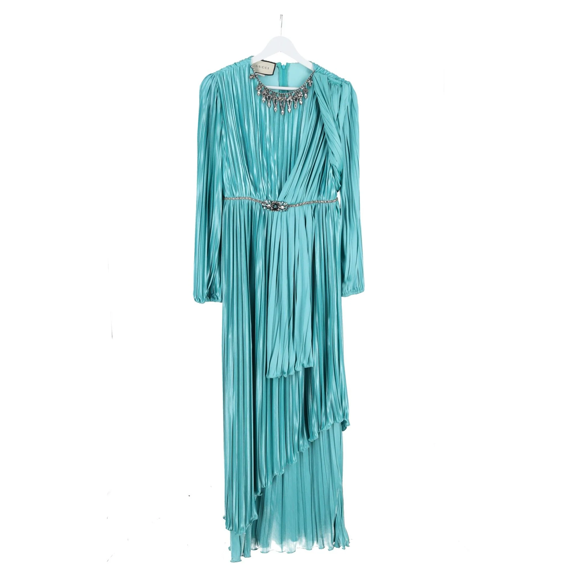 Women's Gucci Crystal-Embellished Draped Pleated Dress In Blue Silk