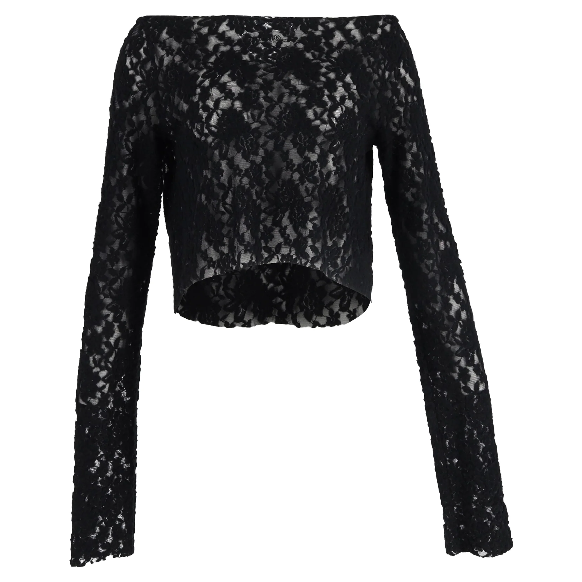 Women's MM6 Maison Margiela Lace Pattern Bateau Neckline Crop Top in Black Polyamide