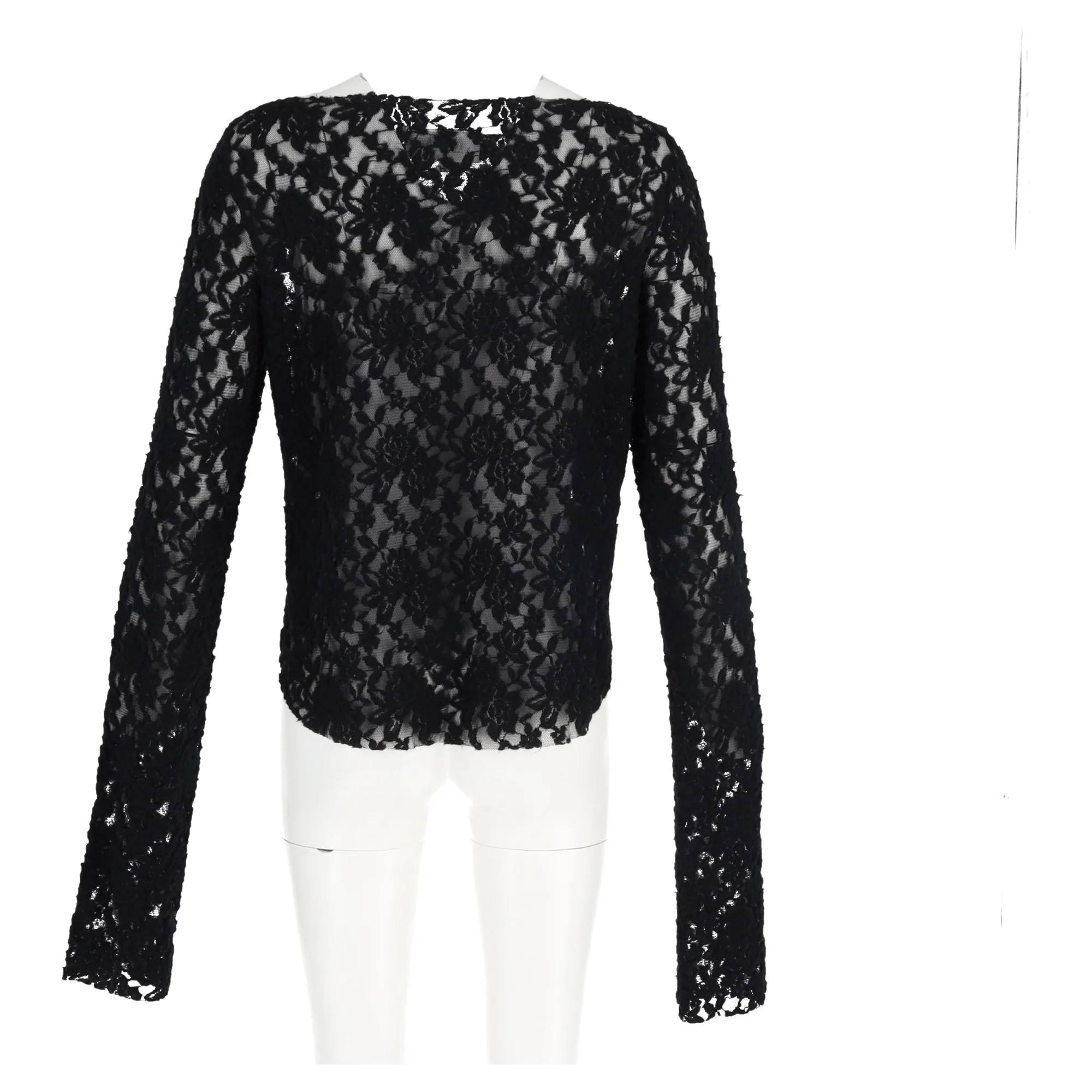 Women's MM6 Maison Margiela Lace Pattern Bateau Neckline Crop Top in Black Polyamide - Image 6