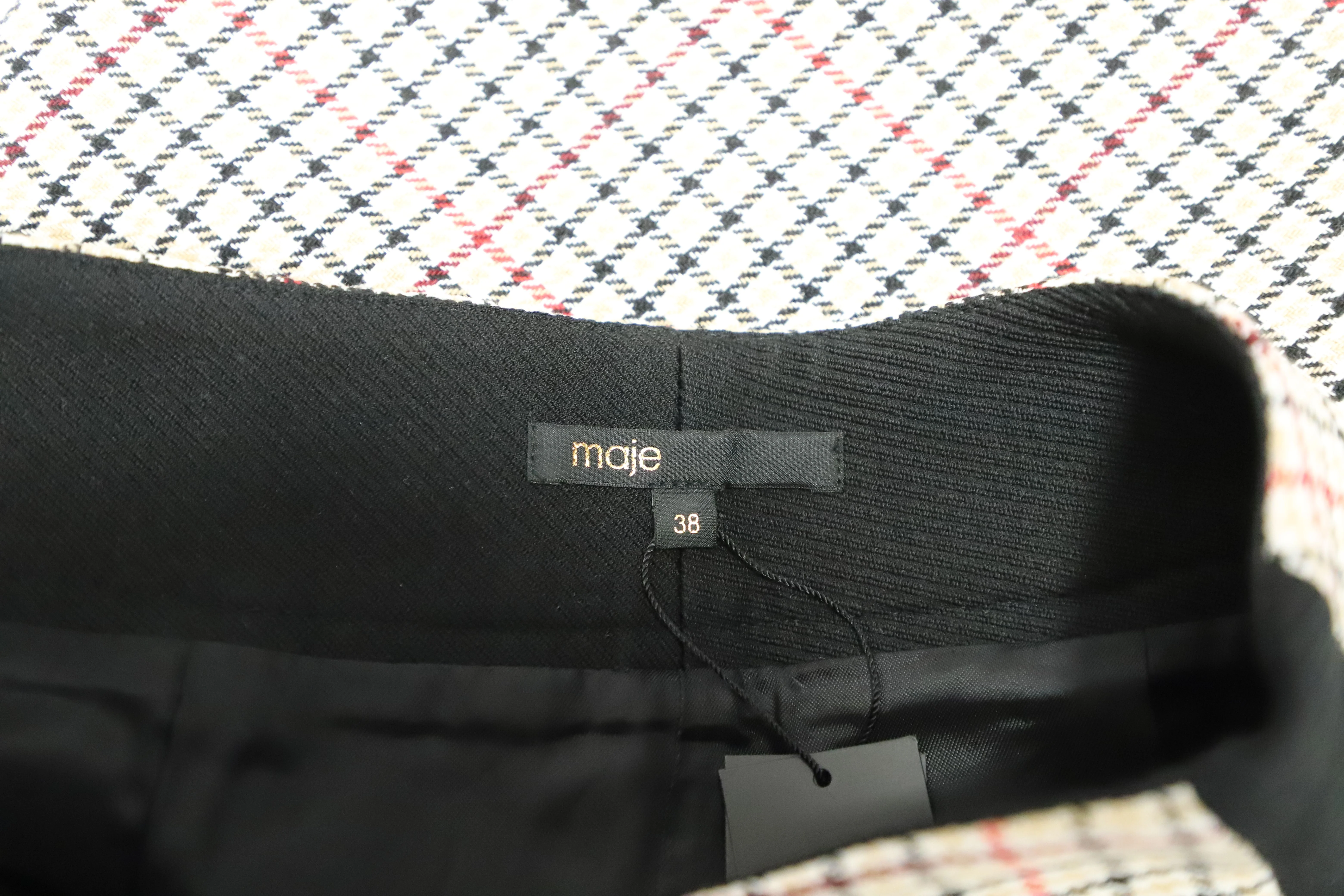 Women's Maje Check Mini Skirt with Black Side Seam Panel in Beige Cotton - Image 10