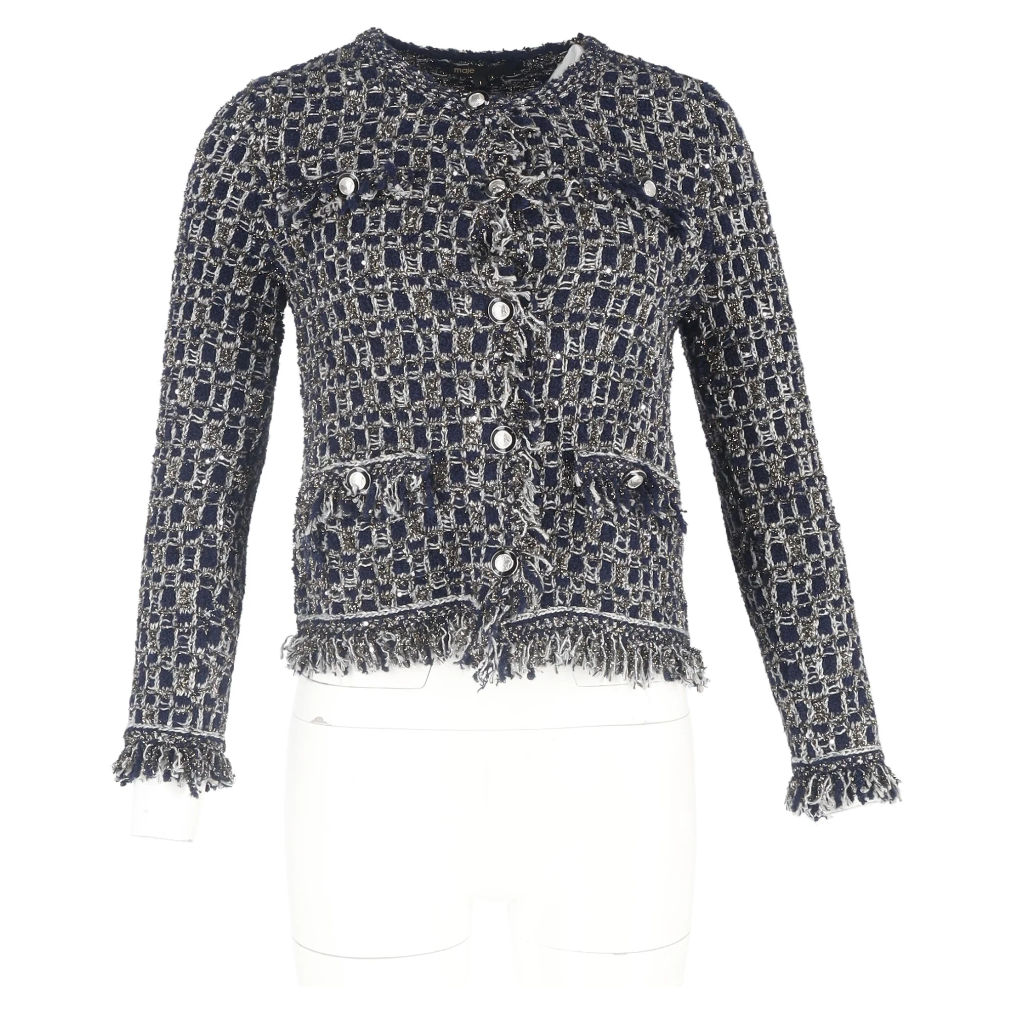Women's Maje Mimir Lurex Knit Tweed Cardigan in Navy Blue Cotton - Image 4