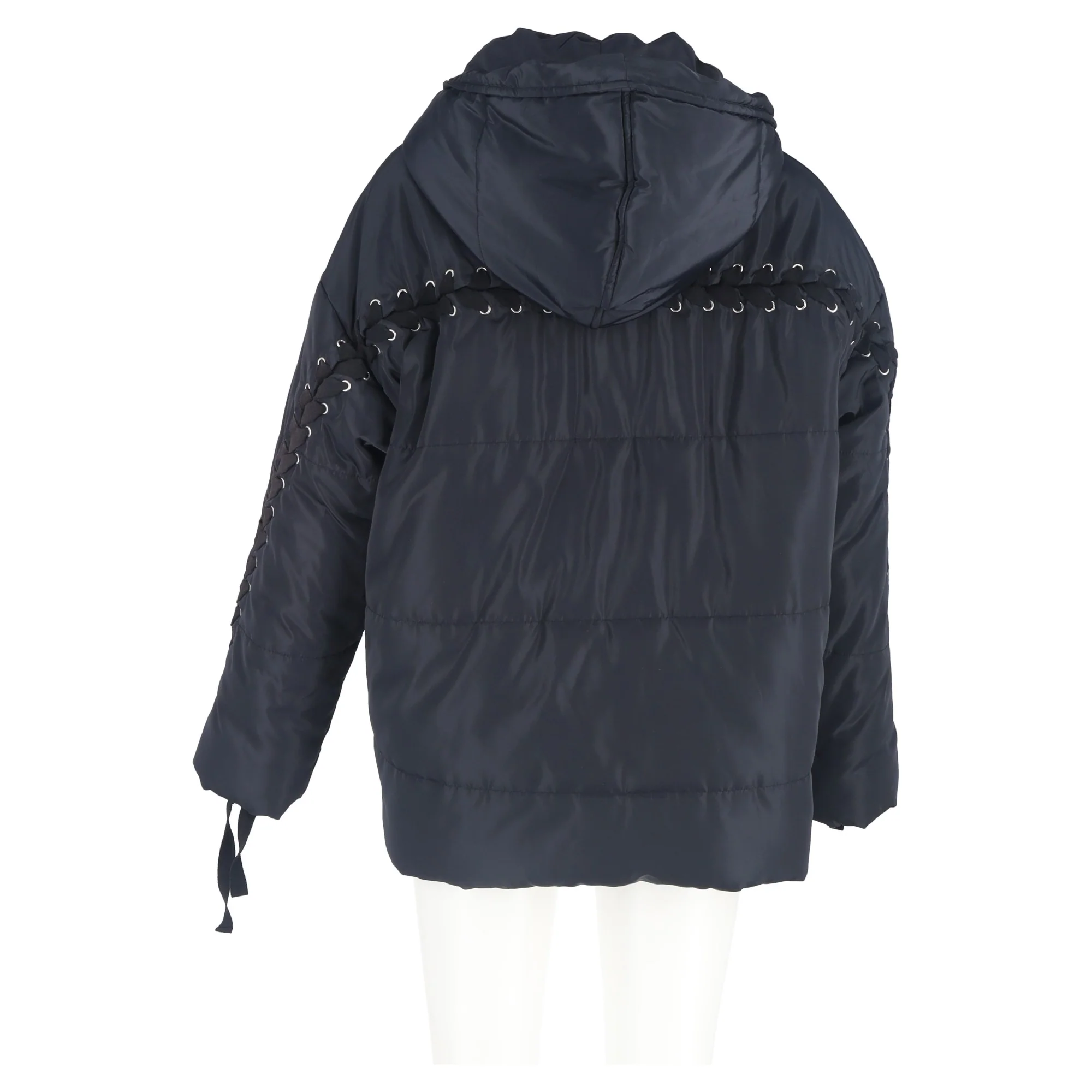Women's Maje Quilted Braided Lace Detail Hooded Jacket in Navy Blue Polyester - Image 6
