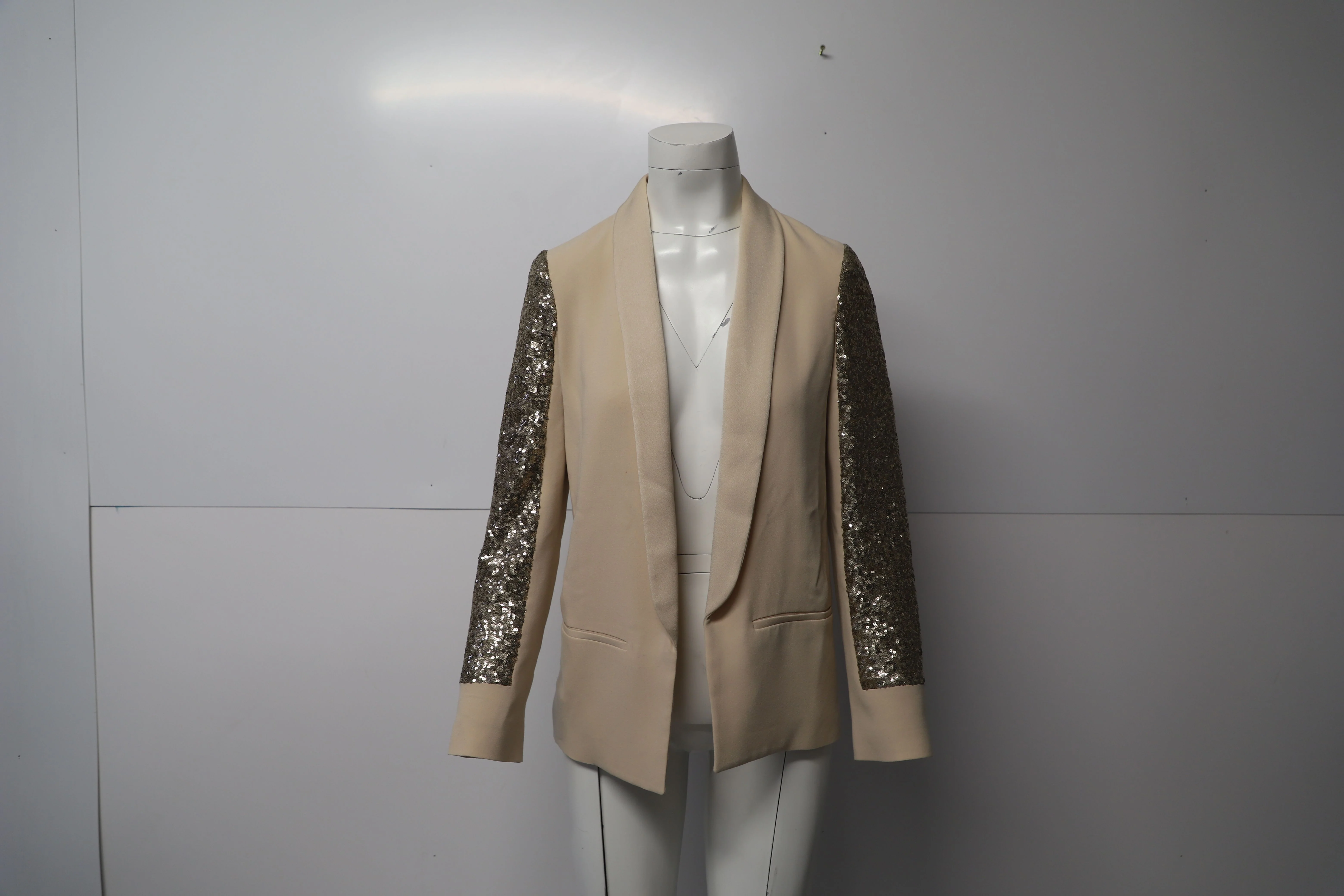Women's Maje Sequin Sleeve Shawl Blazer in Beige Wool - Image 8