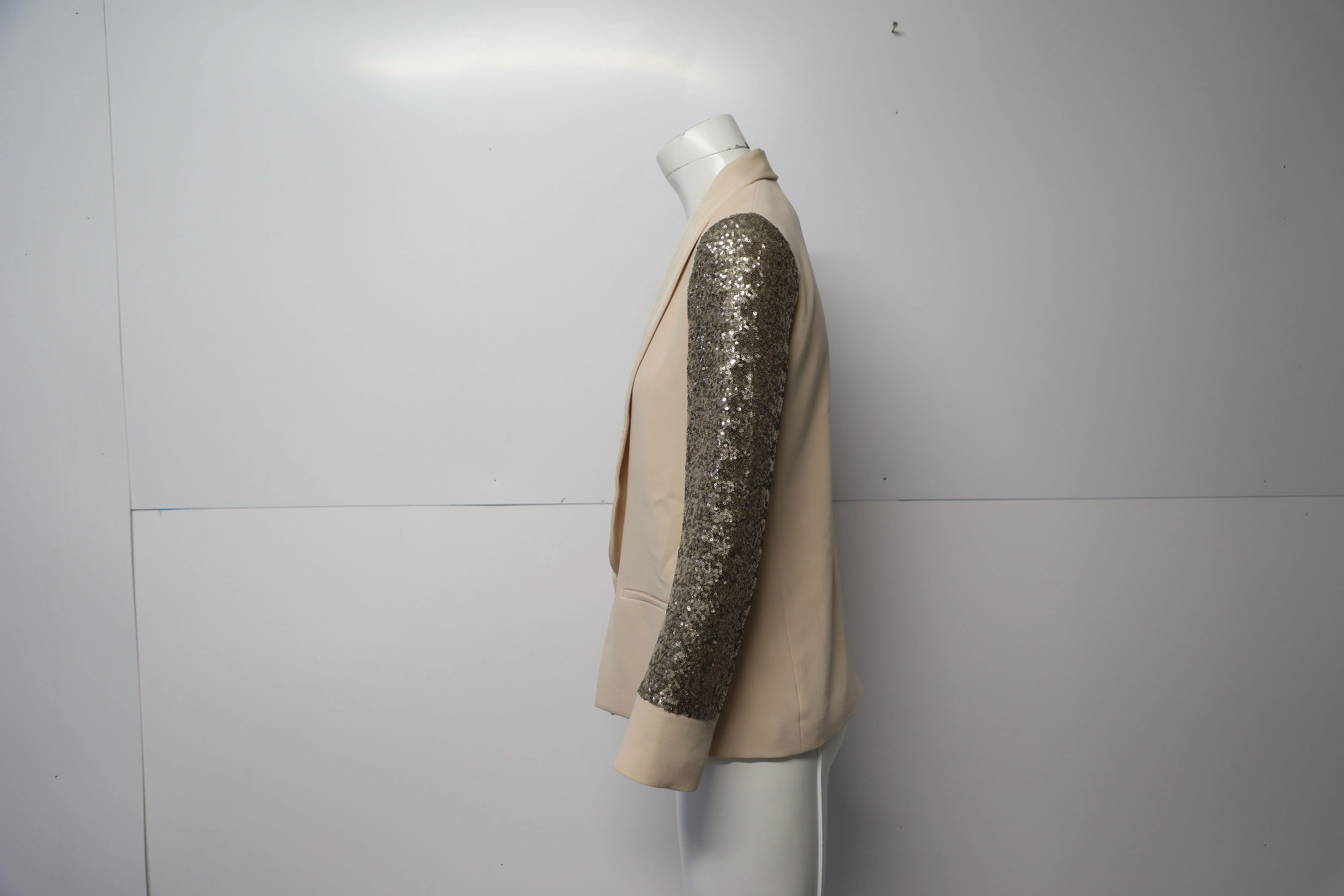 Women's Maje Sequin Sleeve Shawl Blazer in Beige Wool - Image 9