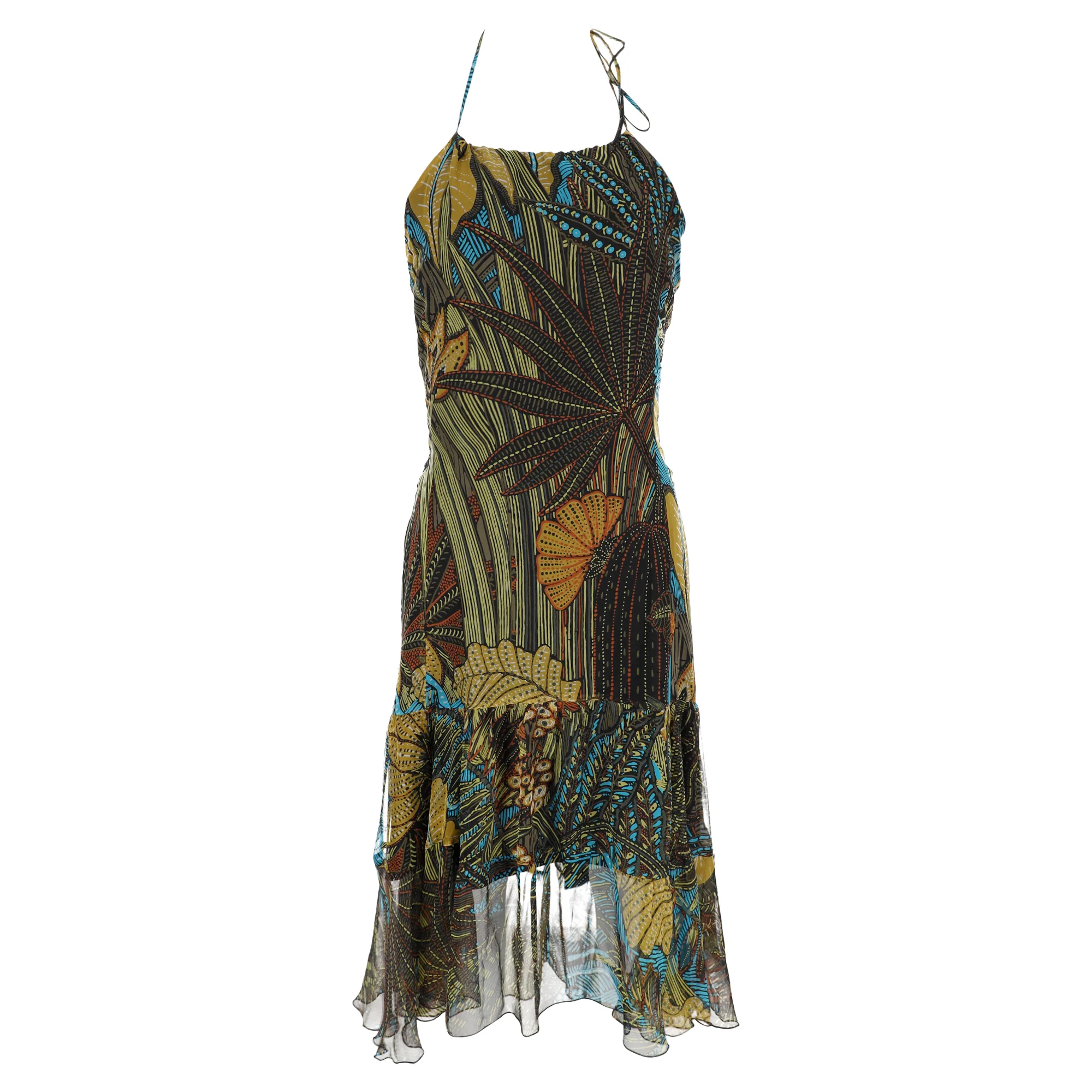 Women's Max Mara Printed Halter Midi Dress in Green Silk