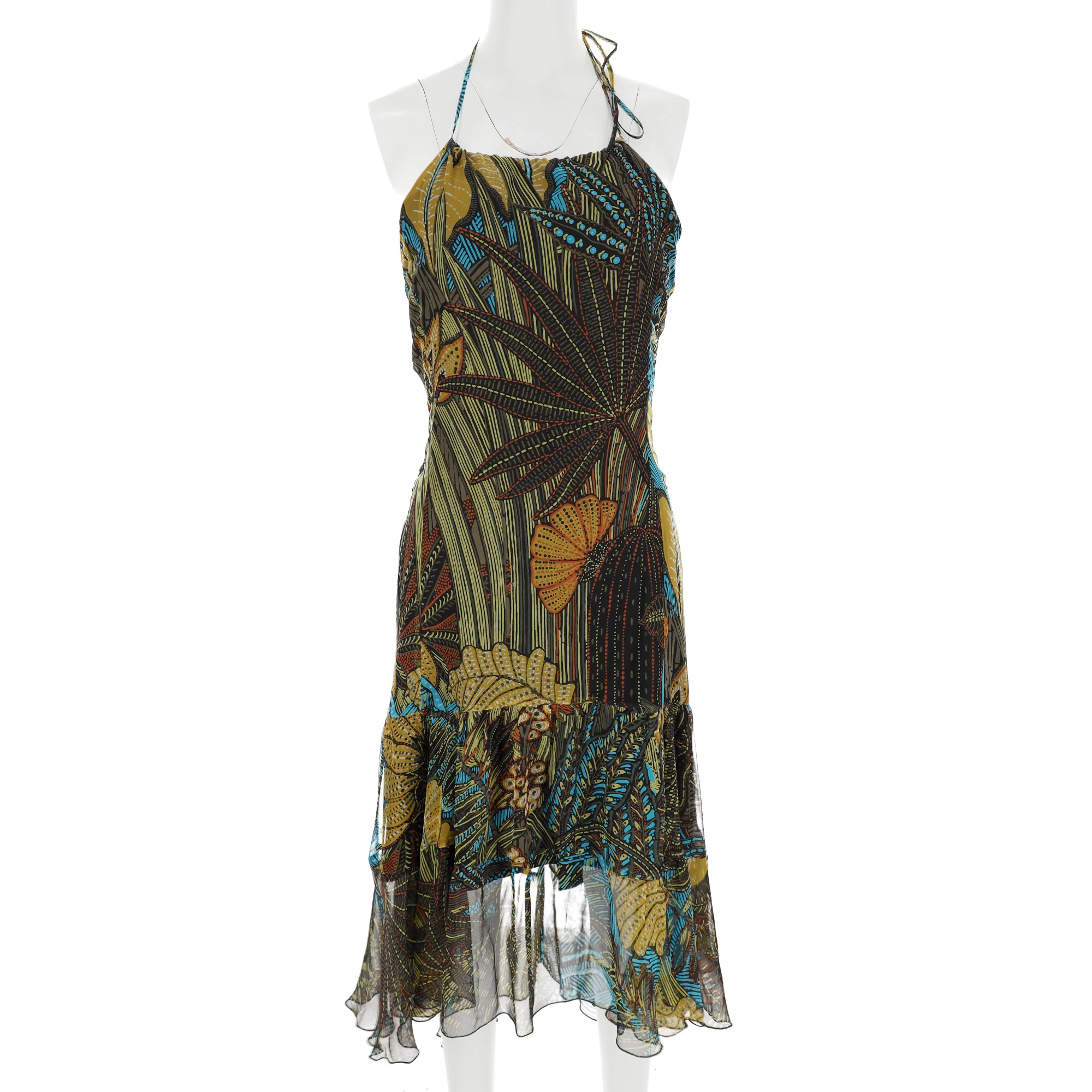 Women's Max Mara Printed Halter Midi Dress in Green Silk - Image 9