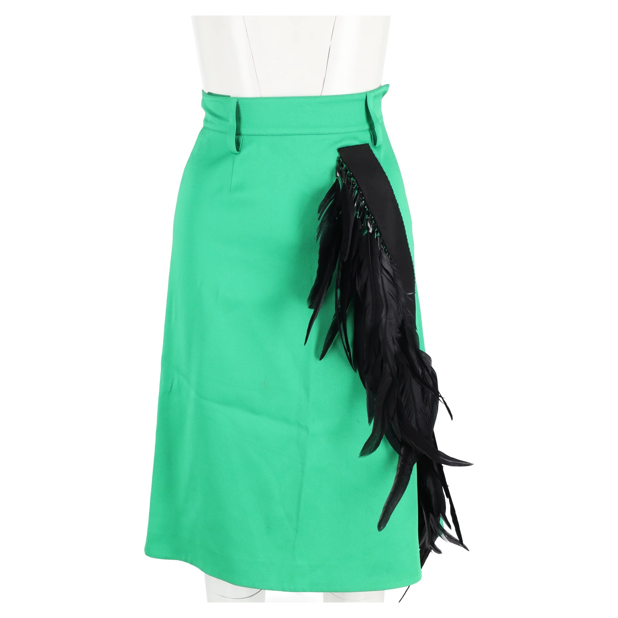 Women's Prada Feather-Trimmed Knee-Length A-Line Skirt in Green Wool - Image 4