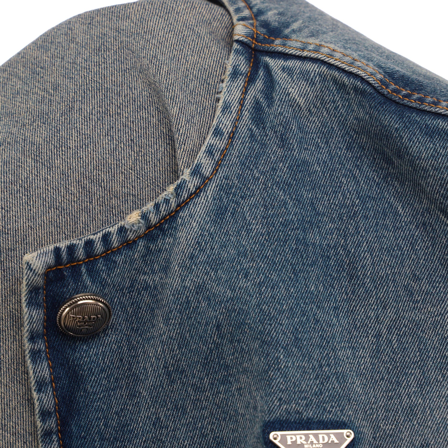 Women's Triangle Logo Collarless Cropped Button Up Jacket Denim - Image 3