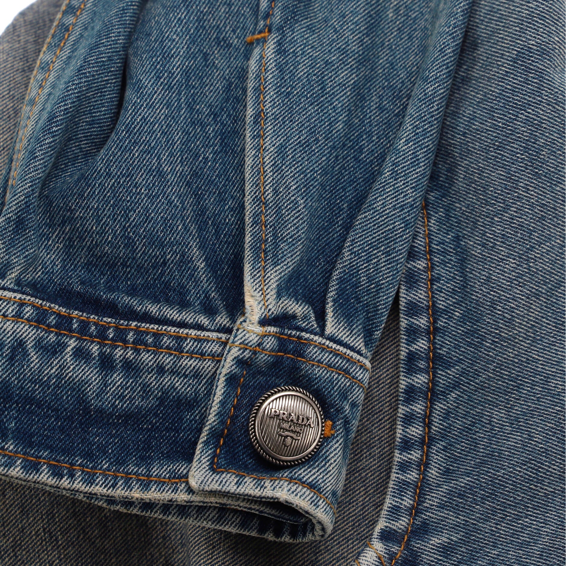 Women's Triangle Logo Collarless Cropped Button Up Jacket Denim - Image 4