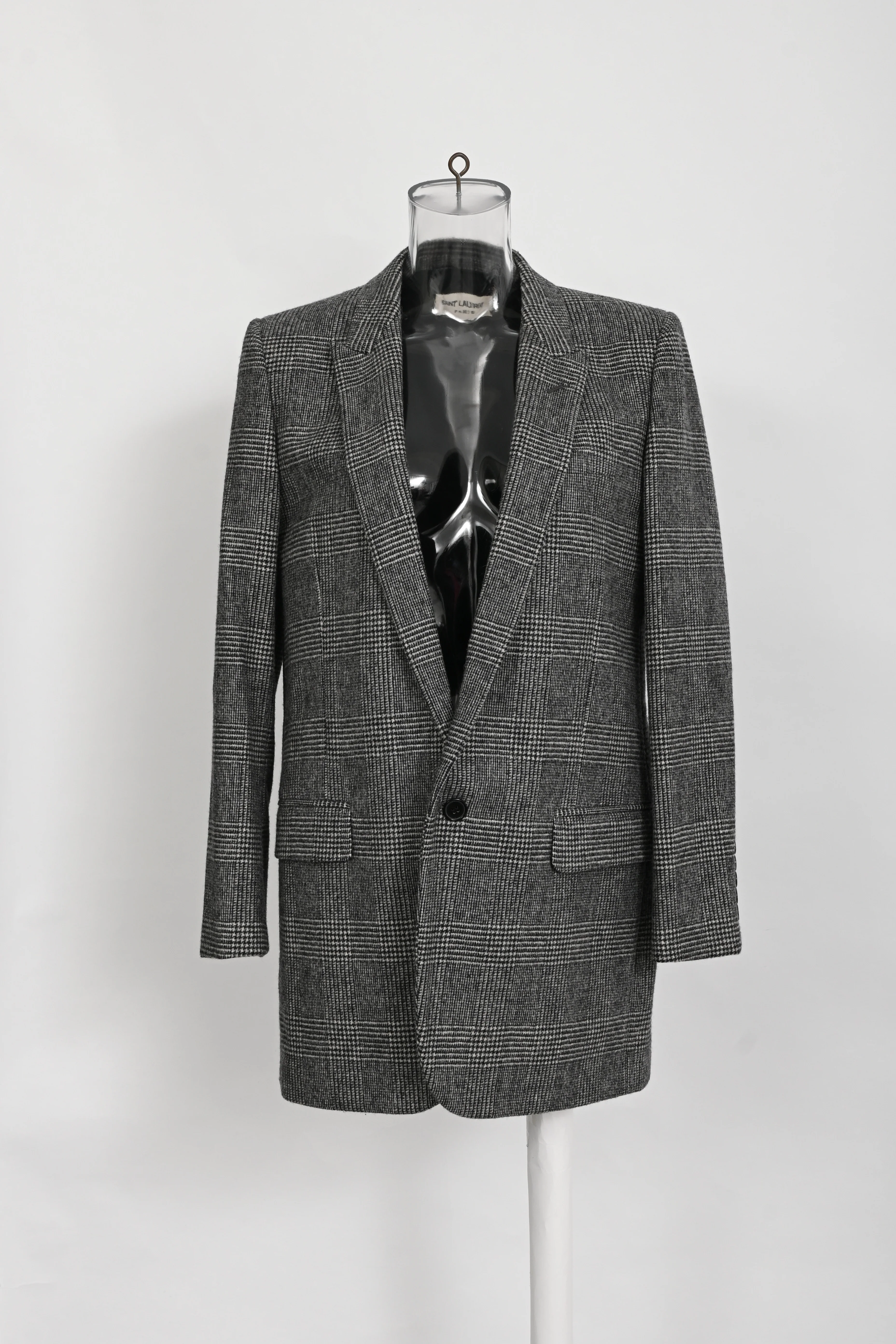 Women's Saint Laurent Checked Single-Breasted Blazer in Grey Wool - Image 6