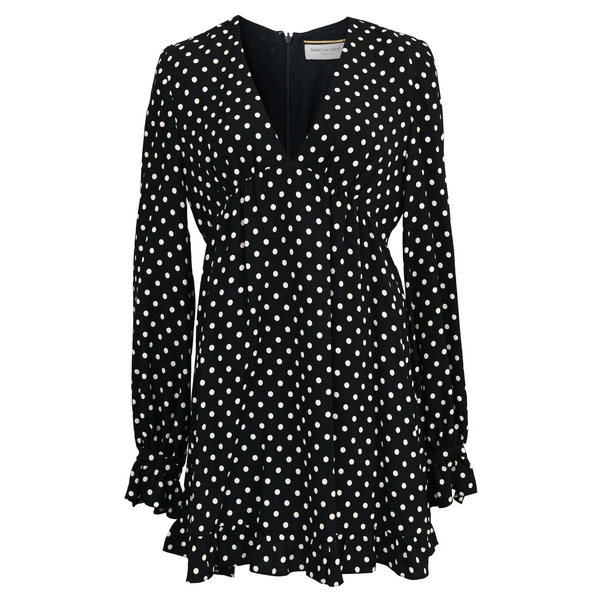 Women's Saint Laurent Polka Dot V-Neck Mini Dress in Black Viscose