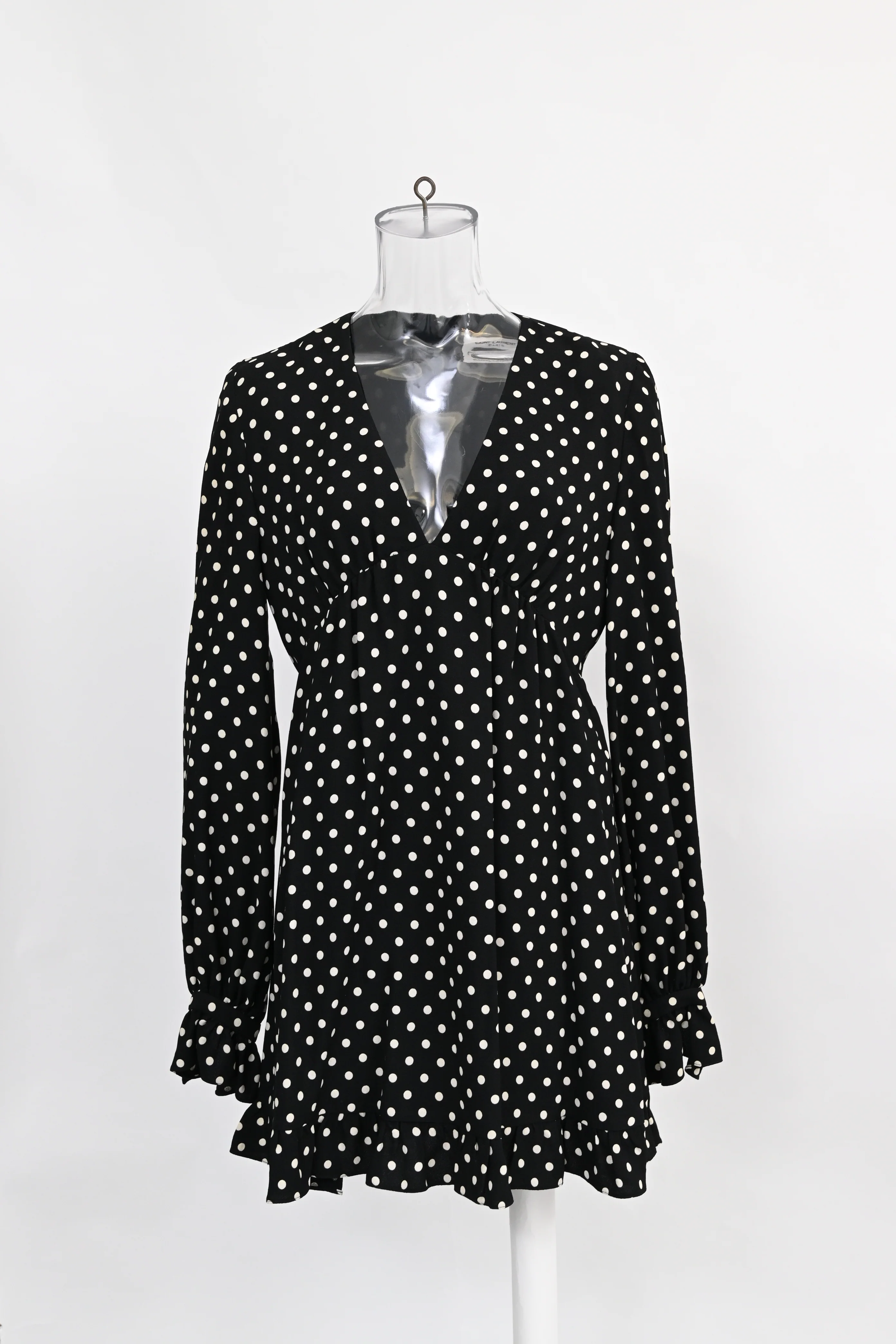 Women's Saint Laurent Polka Dot V-Neck Mini Dress in Black Viscose - Image 6