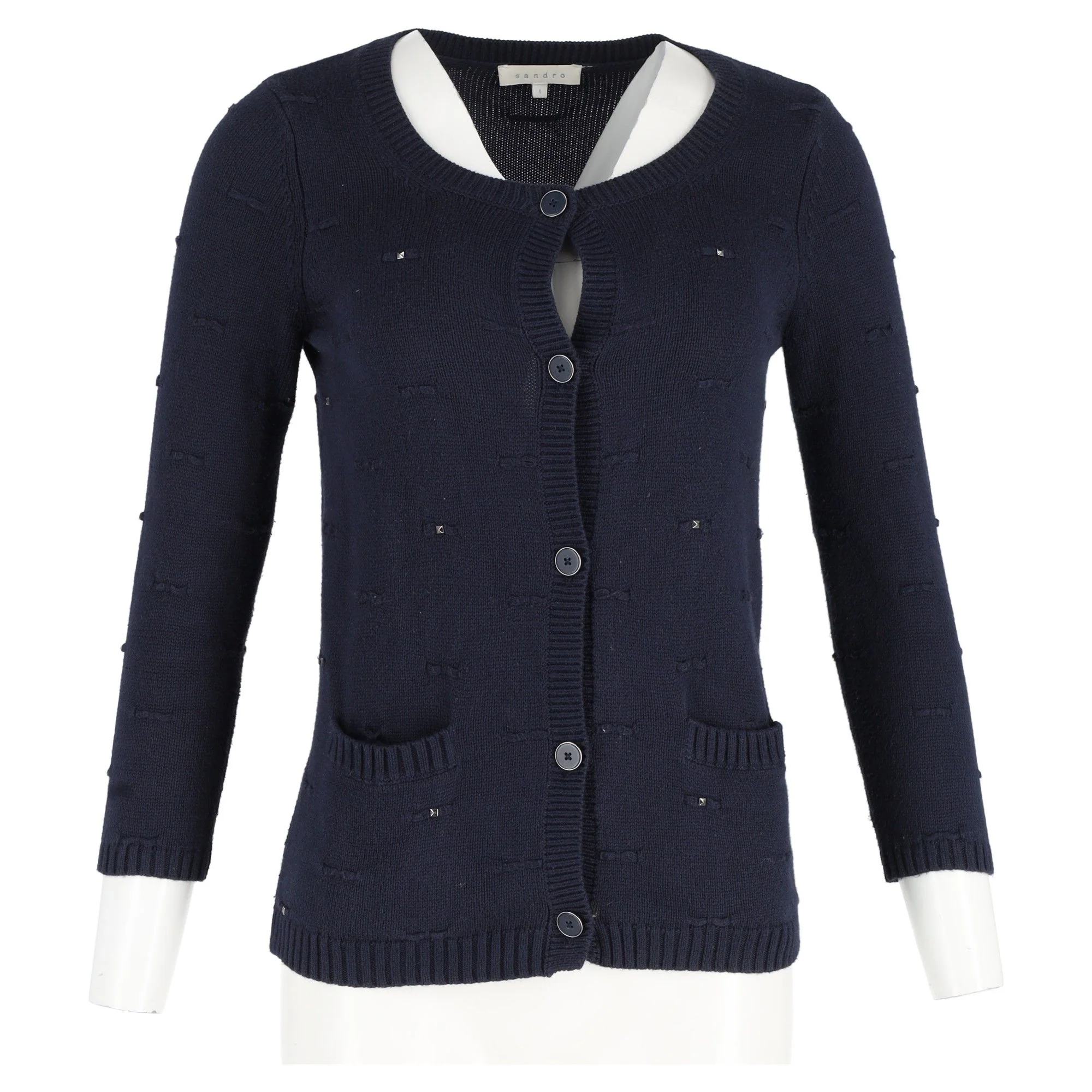 Women's Sandro Paris Studded Cardigan in Navy Blue Cotton - Image 4