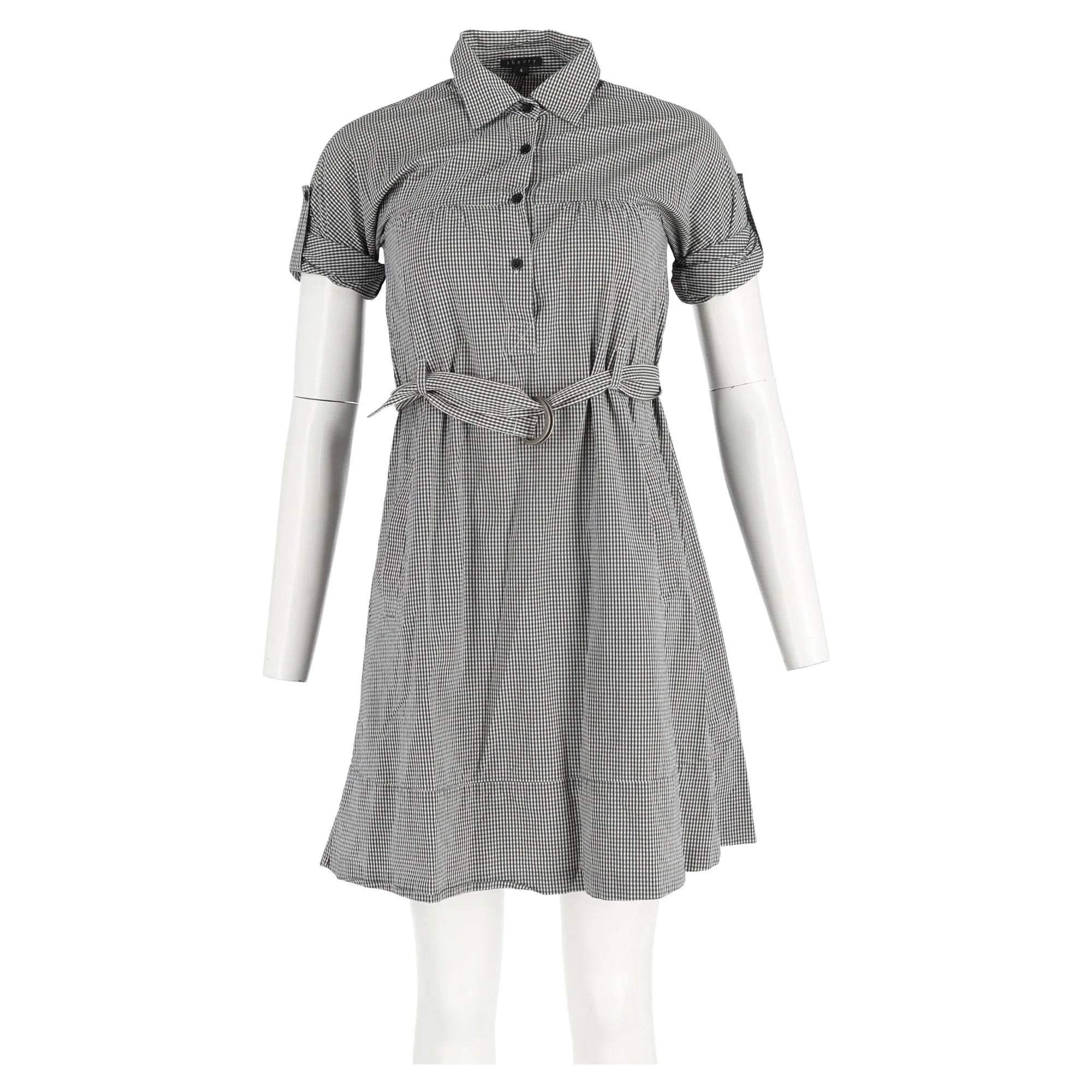 Women's Theory Mini Gingham Print Belted Shirt Dress in Black Cotton - Image 4